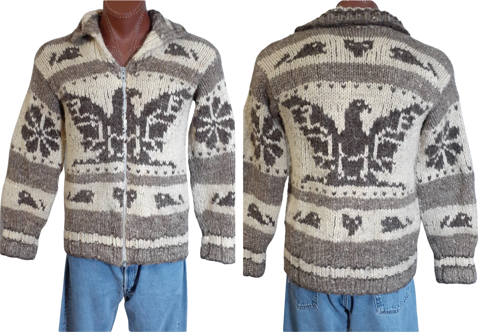 70s Thick Chunky Pure Wool Hand Knit Cowichan Sweater By Hand Knit Thuderbird Cowichan / Lebowski Sweater - Image 2
