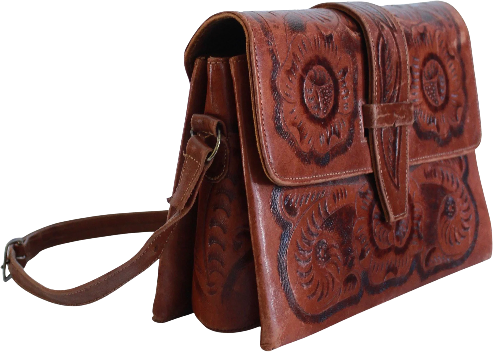 70s Tooled Leather Purse Shoulder Bag Vintage Tooled