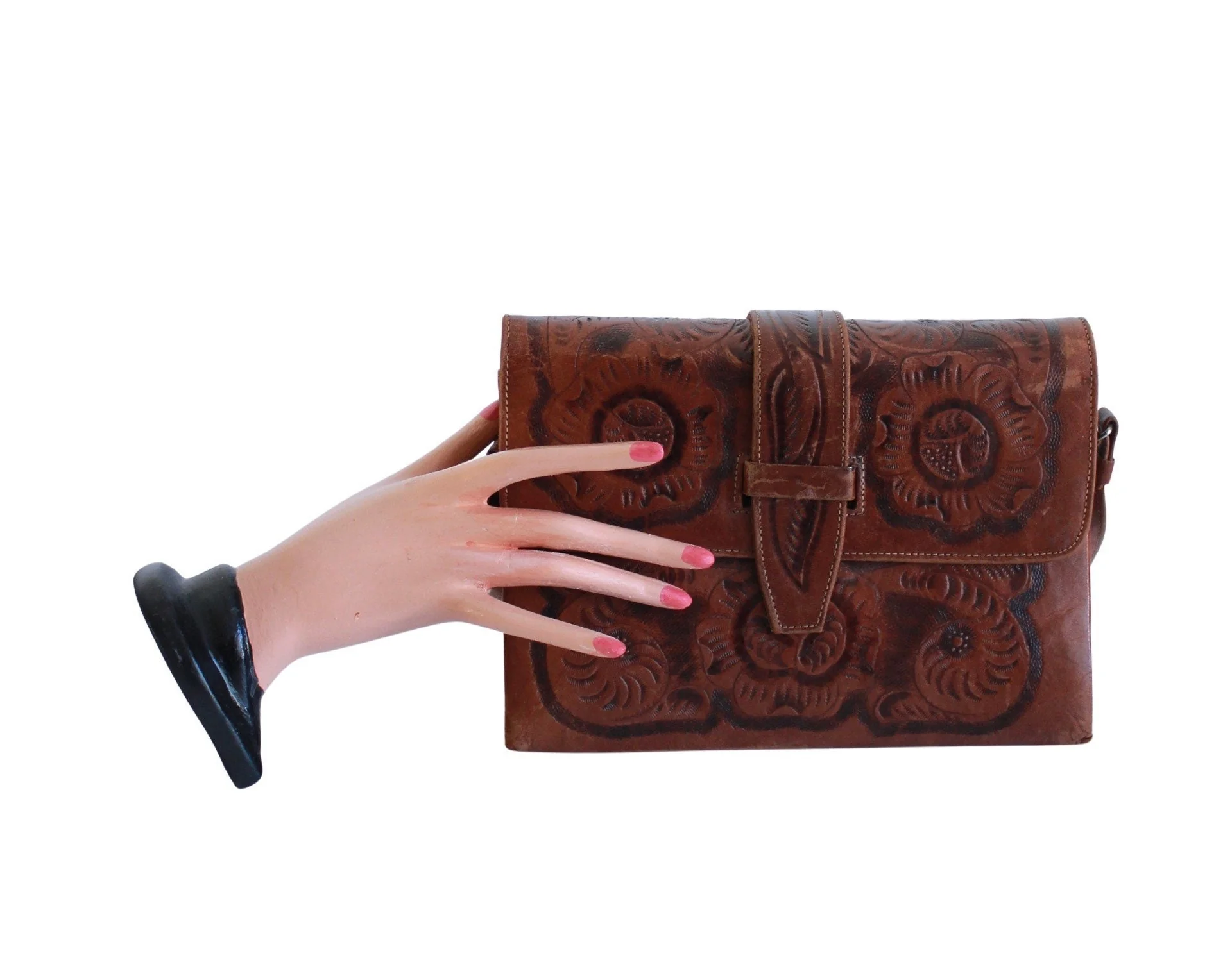 70s Tooled Leather Purse Shoulder Bag Vintage Tooled - Image 2