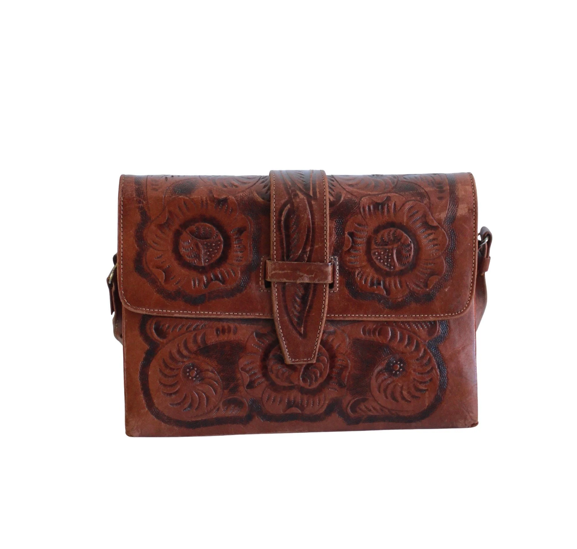 70s Tooled Leather Purse Shoulder Bag Vintage Tooled - Image 3