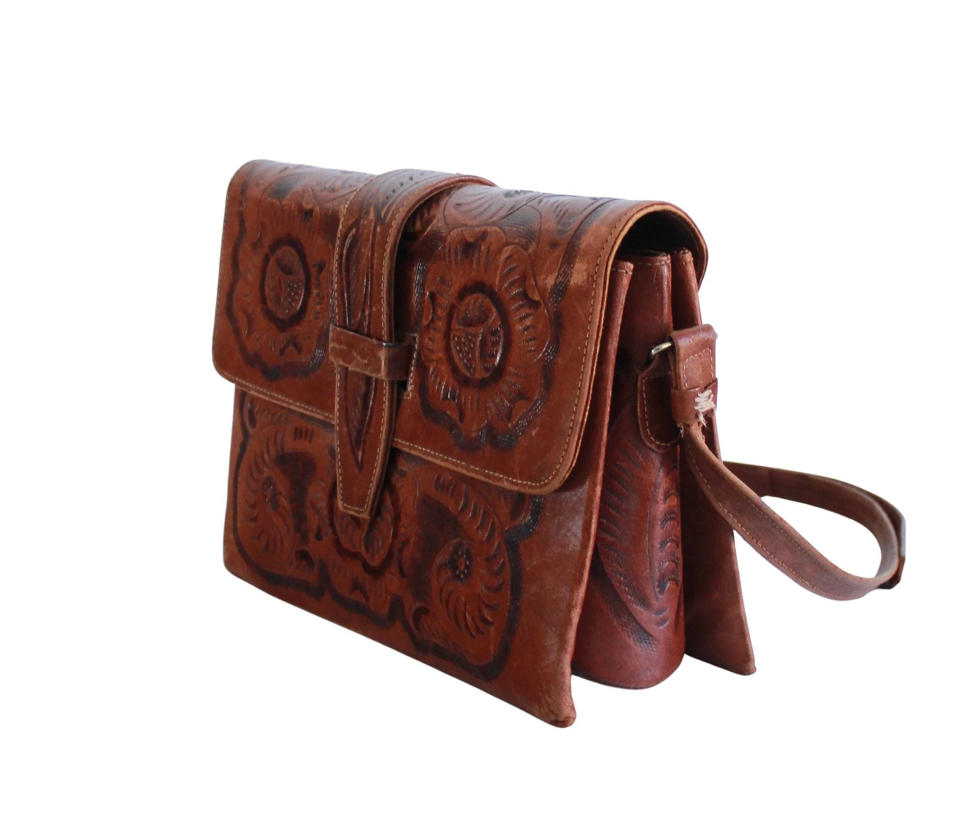 70s Tooled Leather Purse Shoulder Bag Vintage Tooled - Image 4