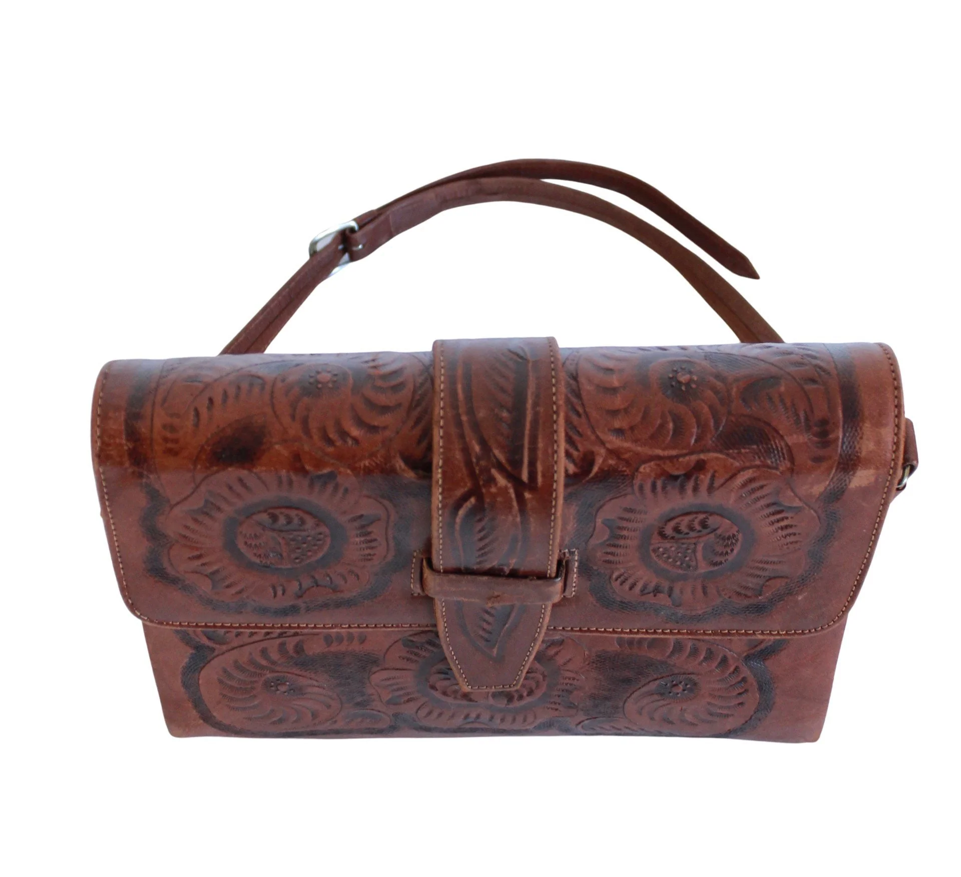70s Tooled Leather Purse Shoulder Bag Vintage Tooled - Image 6