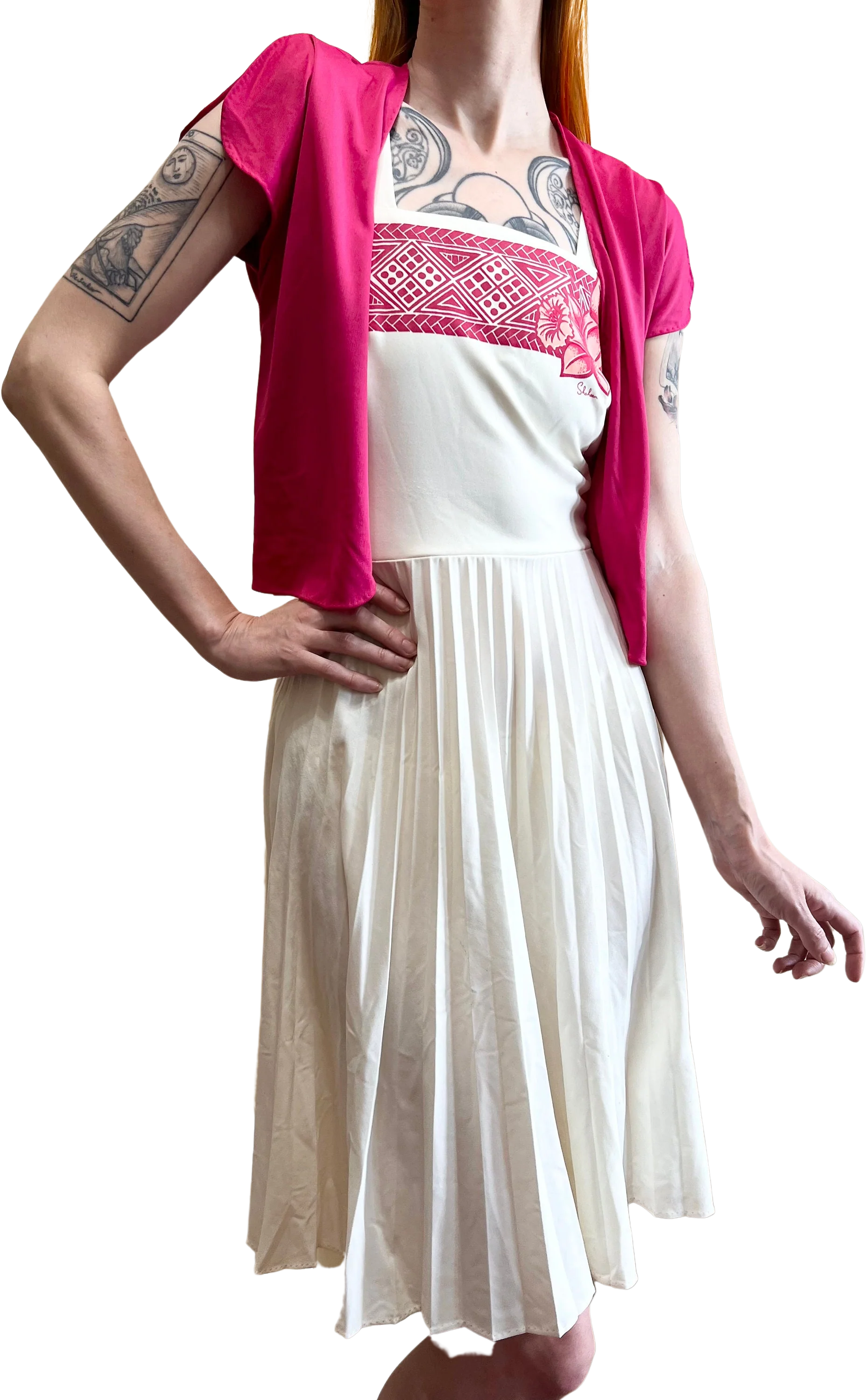 70s Tropical Tank Pleated Sundress Magenta Bolero Alfred Shaheen Dress