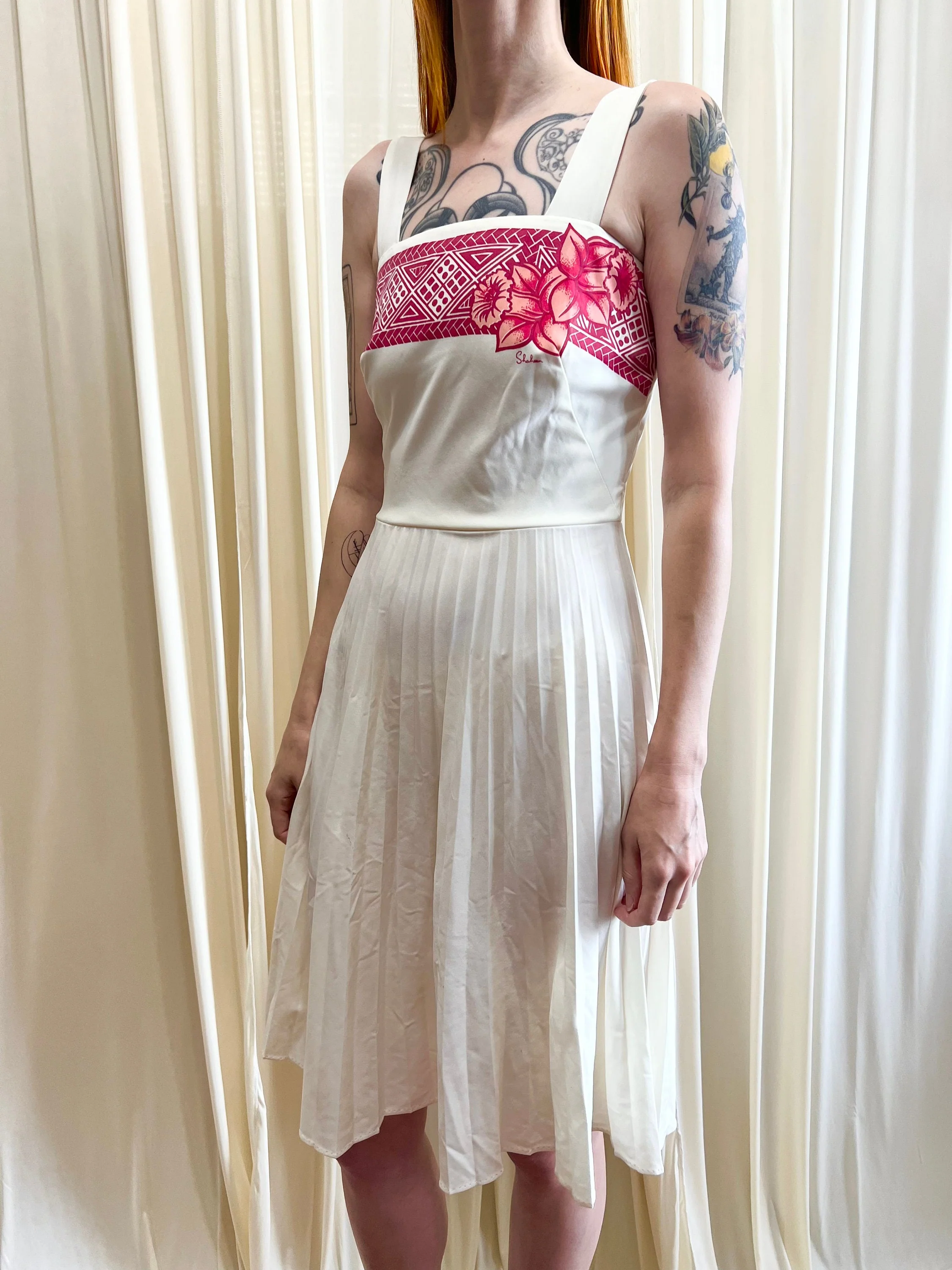 70s Tropical Tank Pleated Sundress Magenta Bolero Alfred Shaheen Dress - Image 4