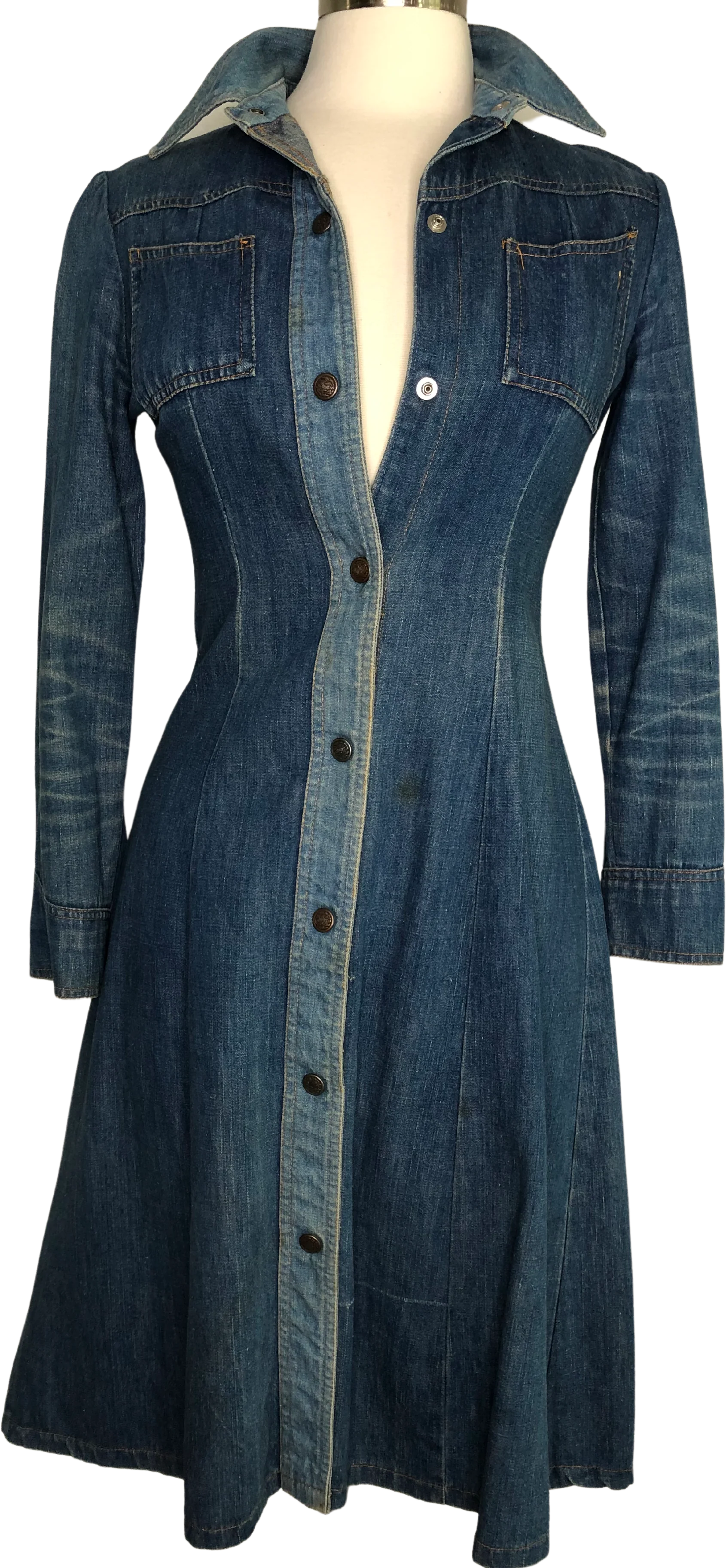 70s Two-tone Denim Long Sleeve Shirt Dress By Oops California