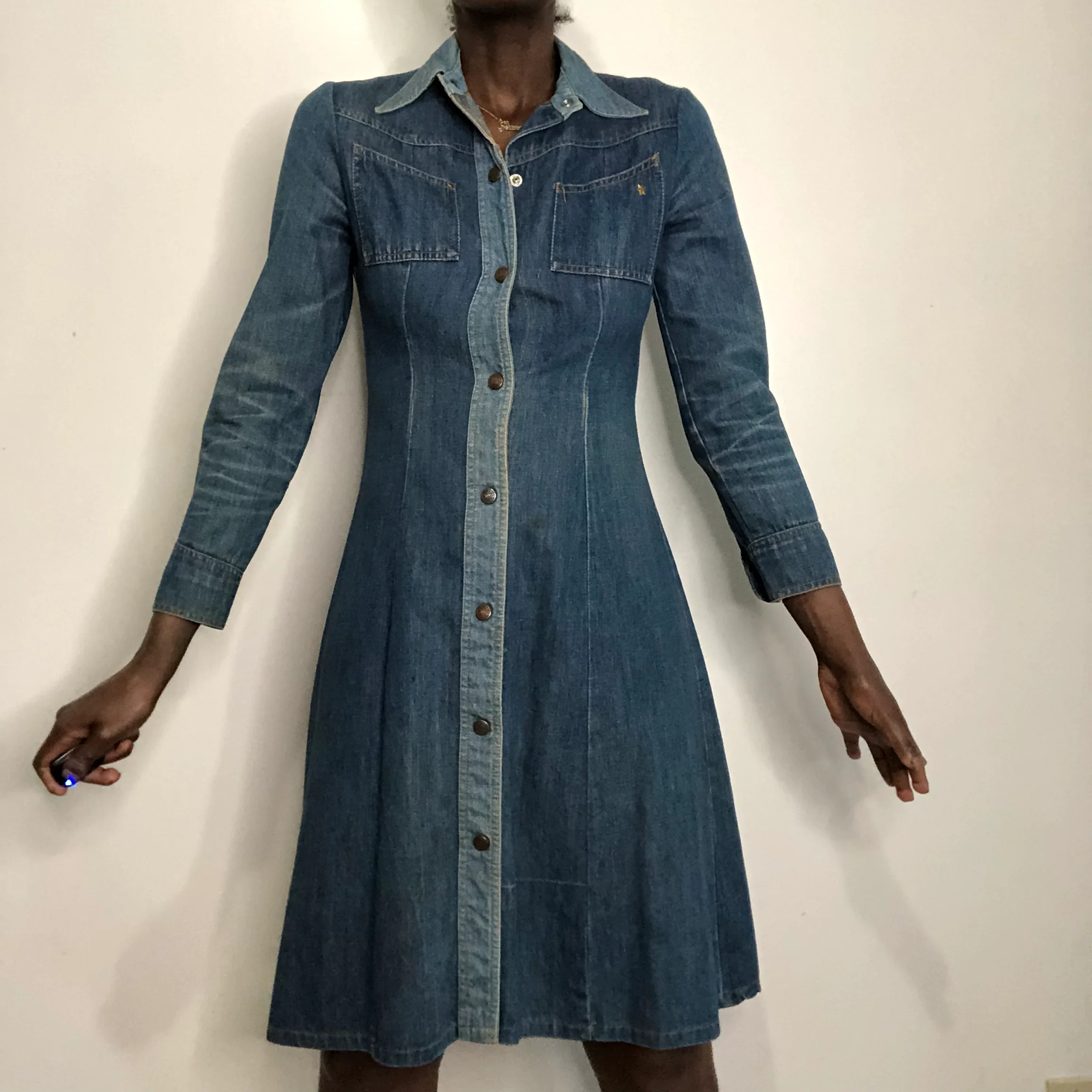 70s Two-tone Denim Long Sleeve Shirt Dress By Oops California - Image 5