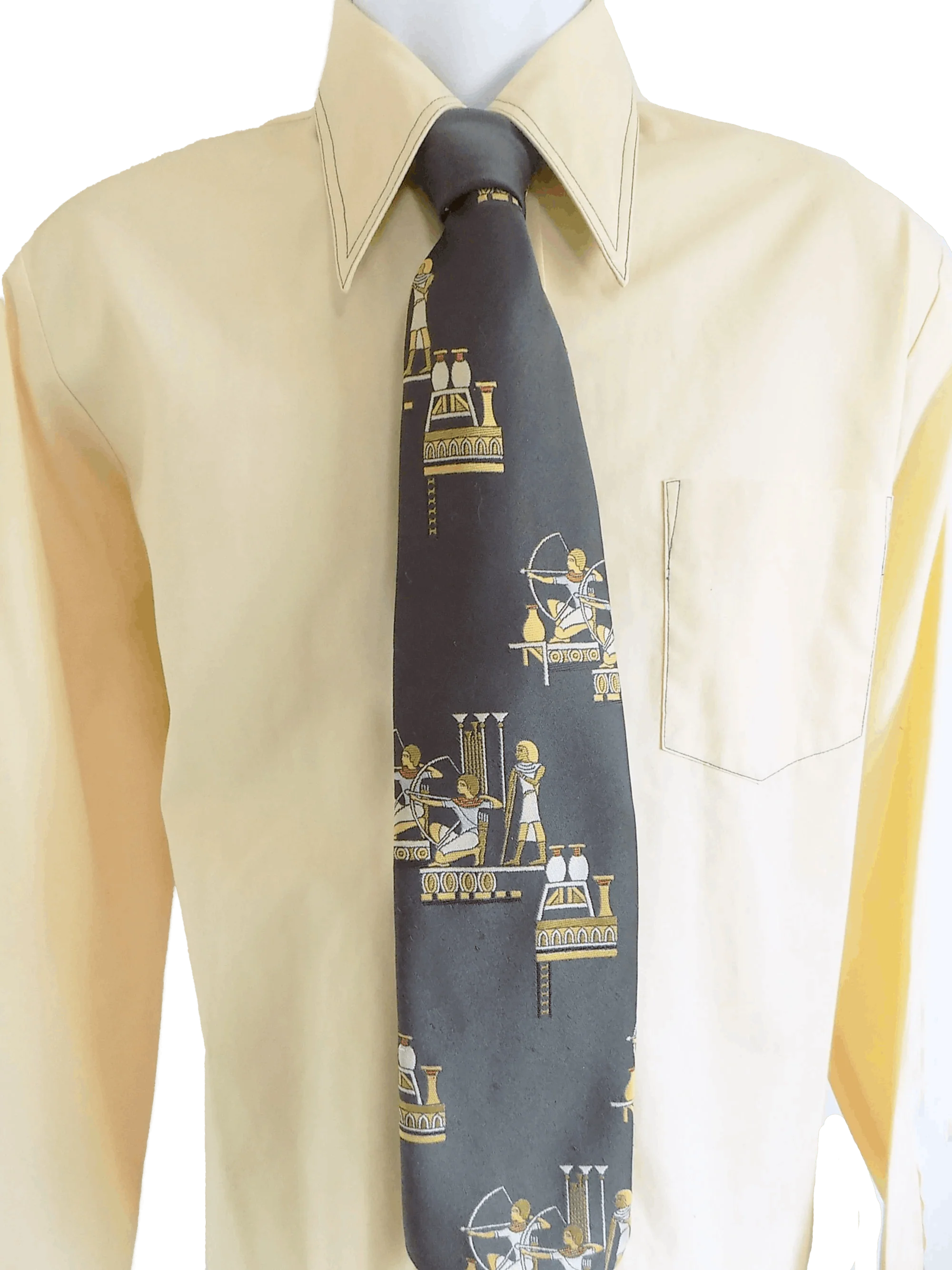 70s Van Cori Pale Yellow Shirt with Dark Green Blue Stitching Long Sleeved Collar by Van Cori