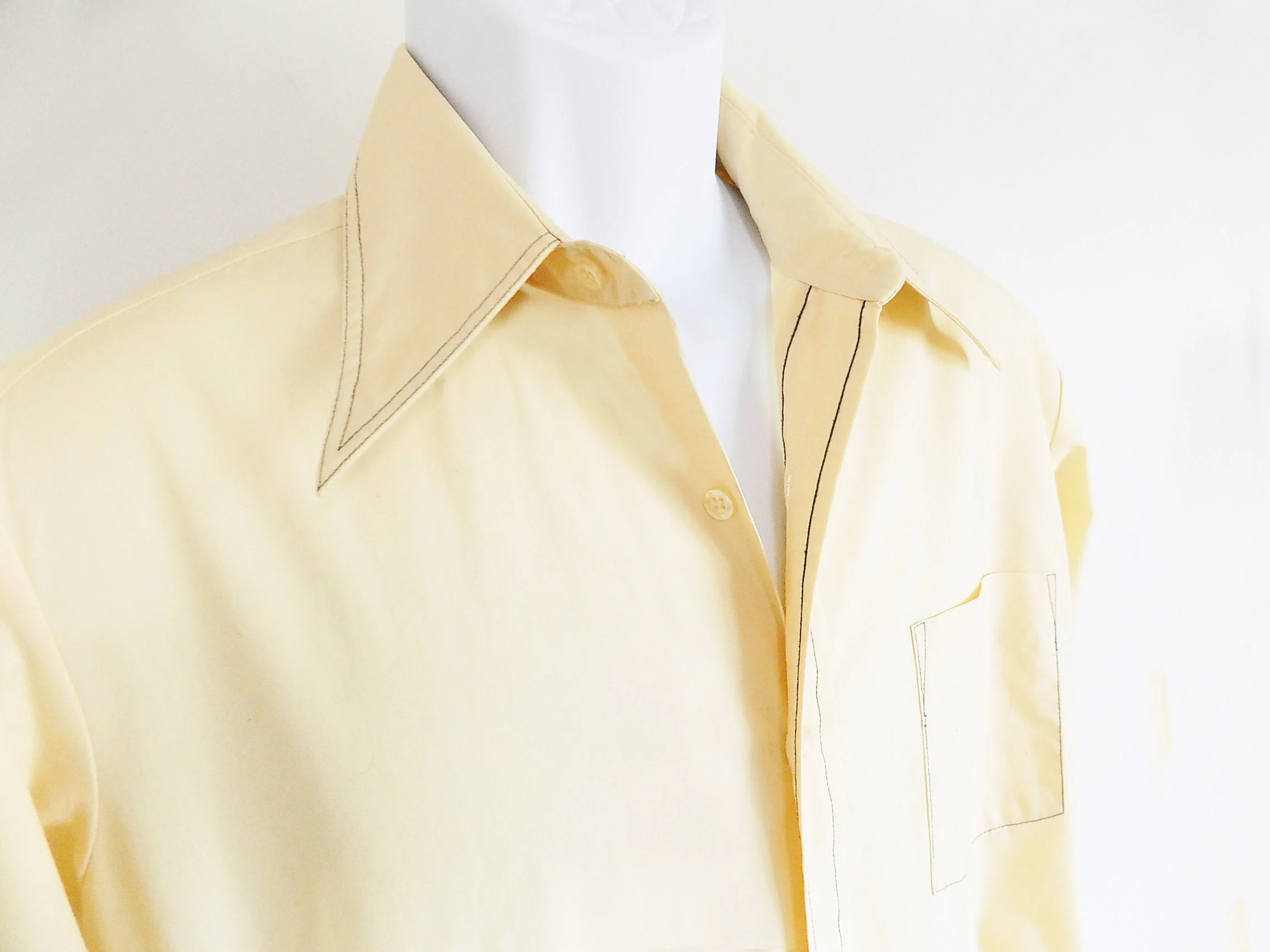 70s Van Cori Pale Yellow Shirt with Dark Green Blue Stitching Long Sleeved Collar by Van Cori - Image 3