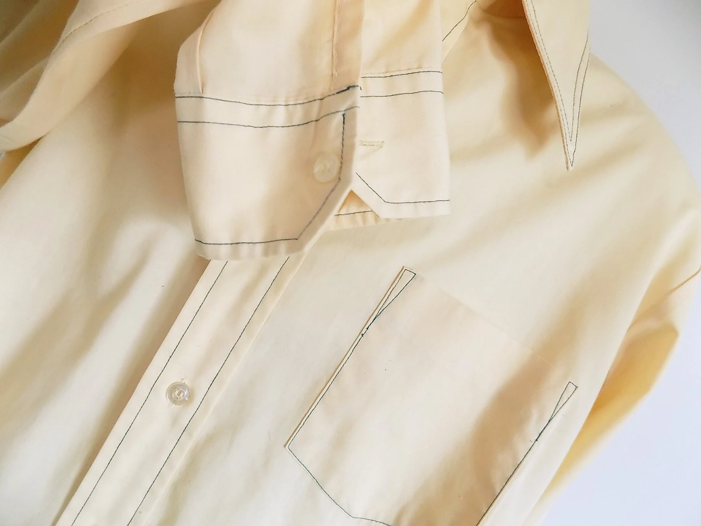 70s Van Cori Pale Yellow Shirt with Dark Green Blue Stitching Long Sleeved Collar by Van Cori - Image 5