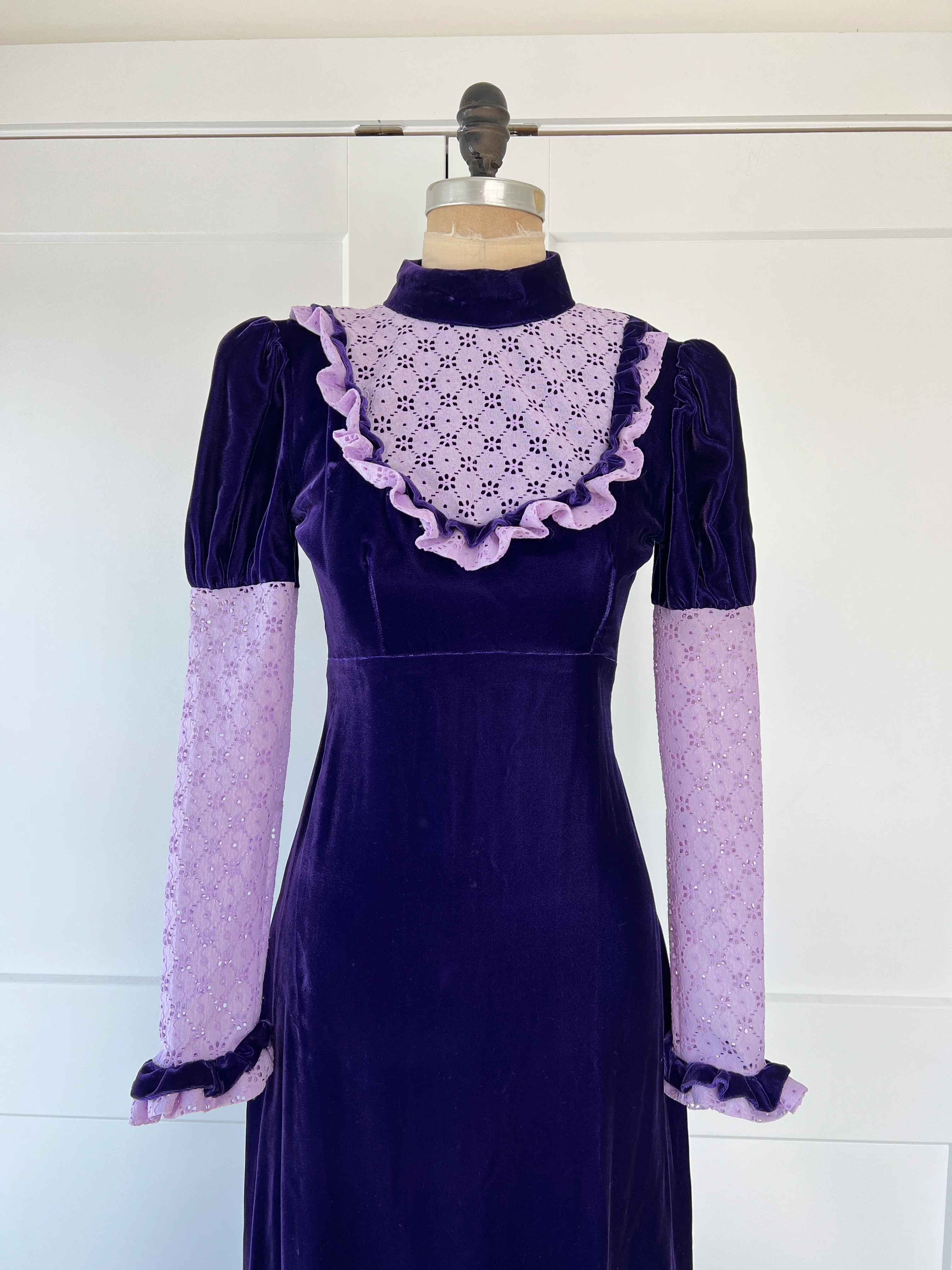 70s Velvet Empire Waist Prairie Dress - Image 3