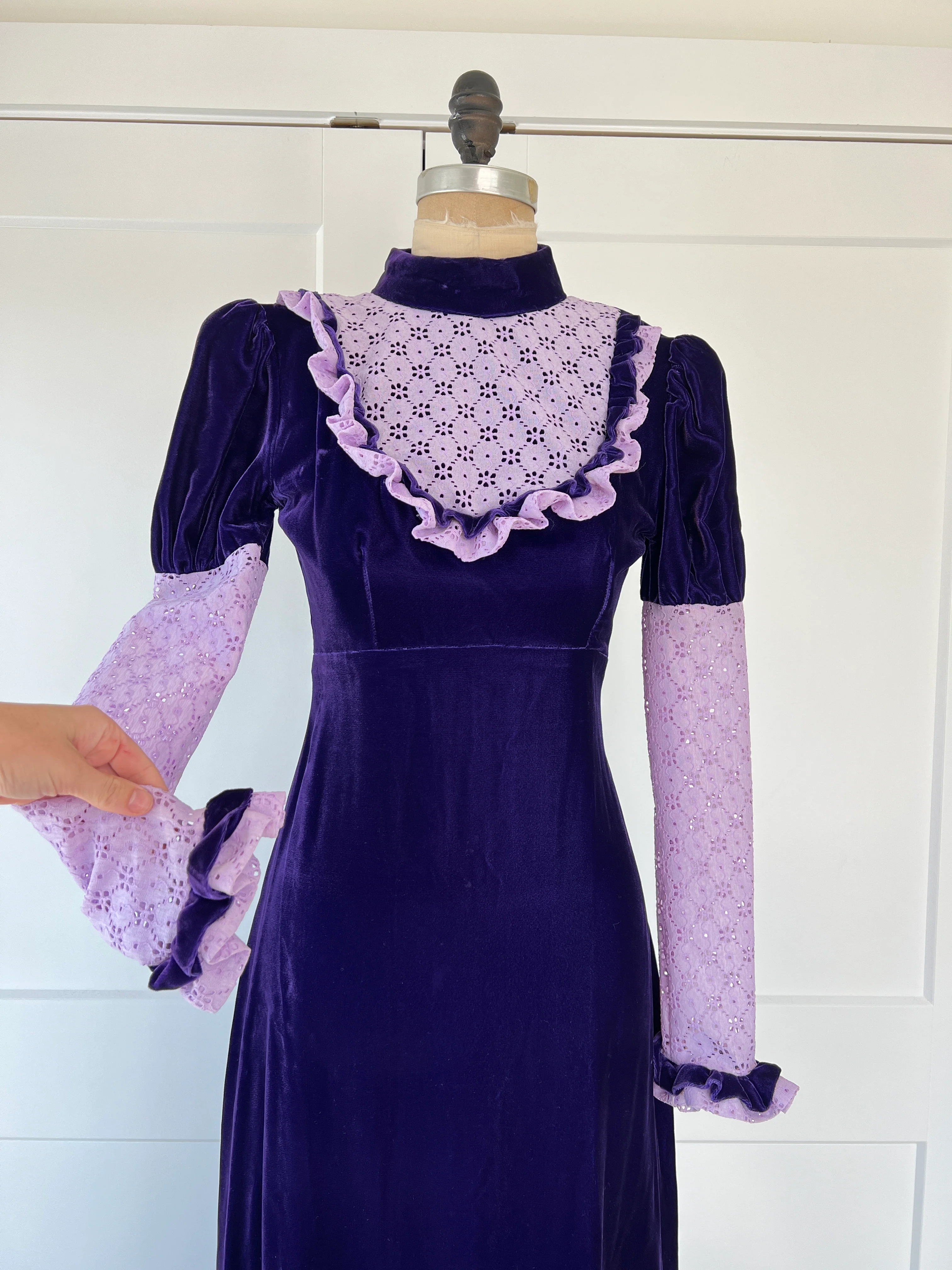 70s Velvet Empire Waist Prairie Dress - Image 4