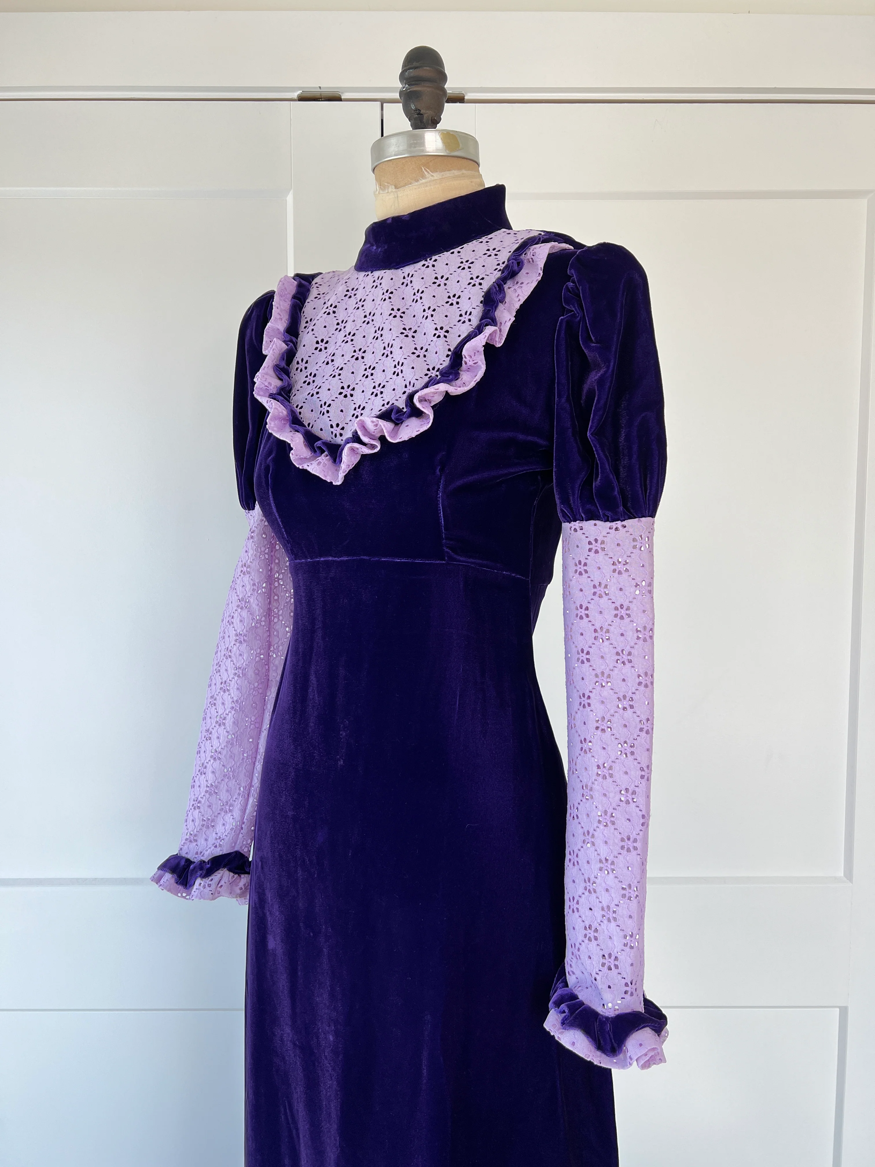 70s Velvet Empire Waist Prairie Dress - Image 5