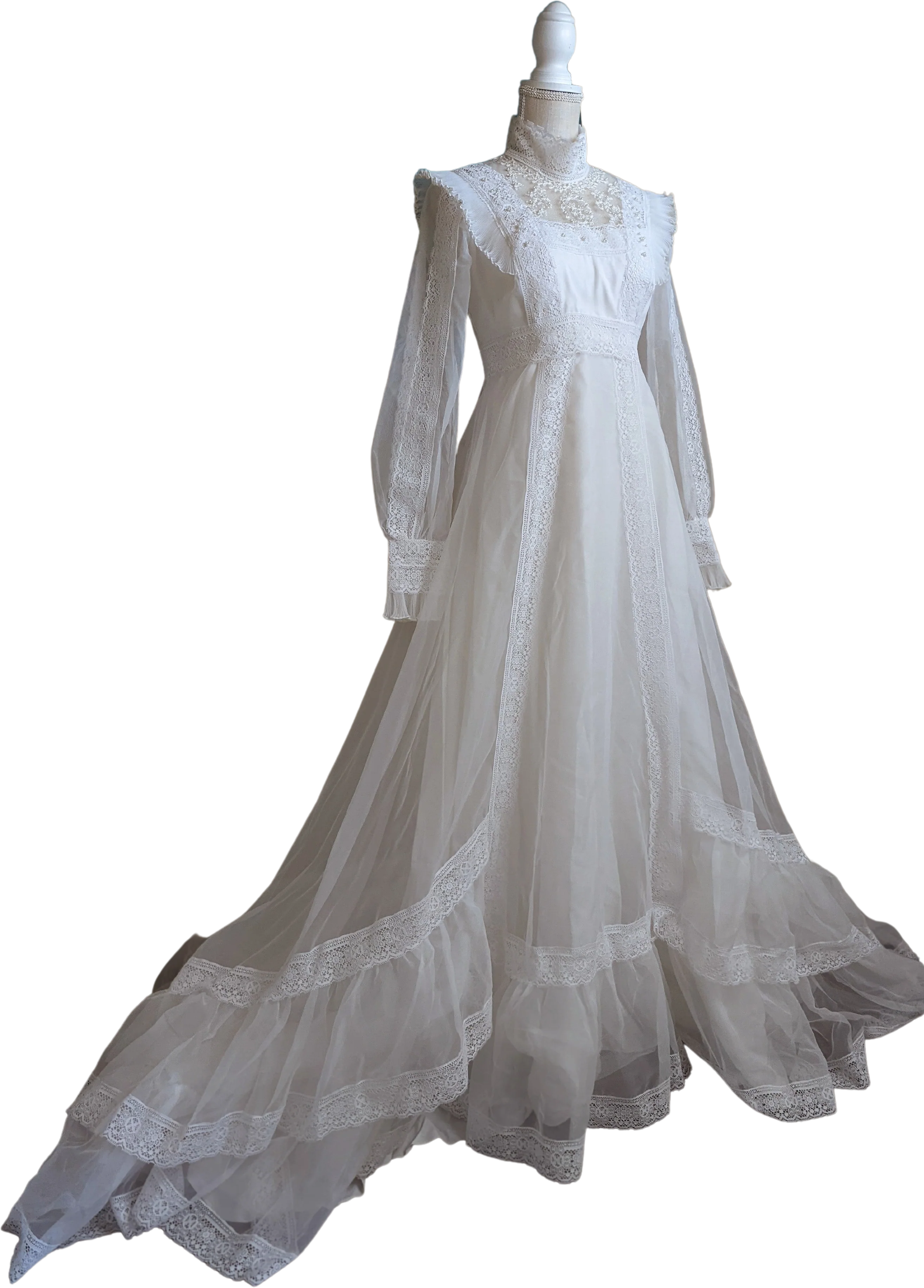 70s Victorian Inspired Bright White Wedding Dress with High Collar Empire Waist, Pleated Shoulder Accents, Detailed Lace, Long Sleeves, and Hand Sewn Beads