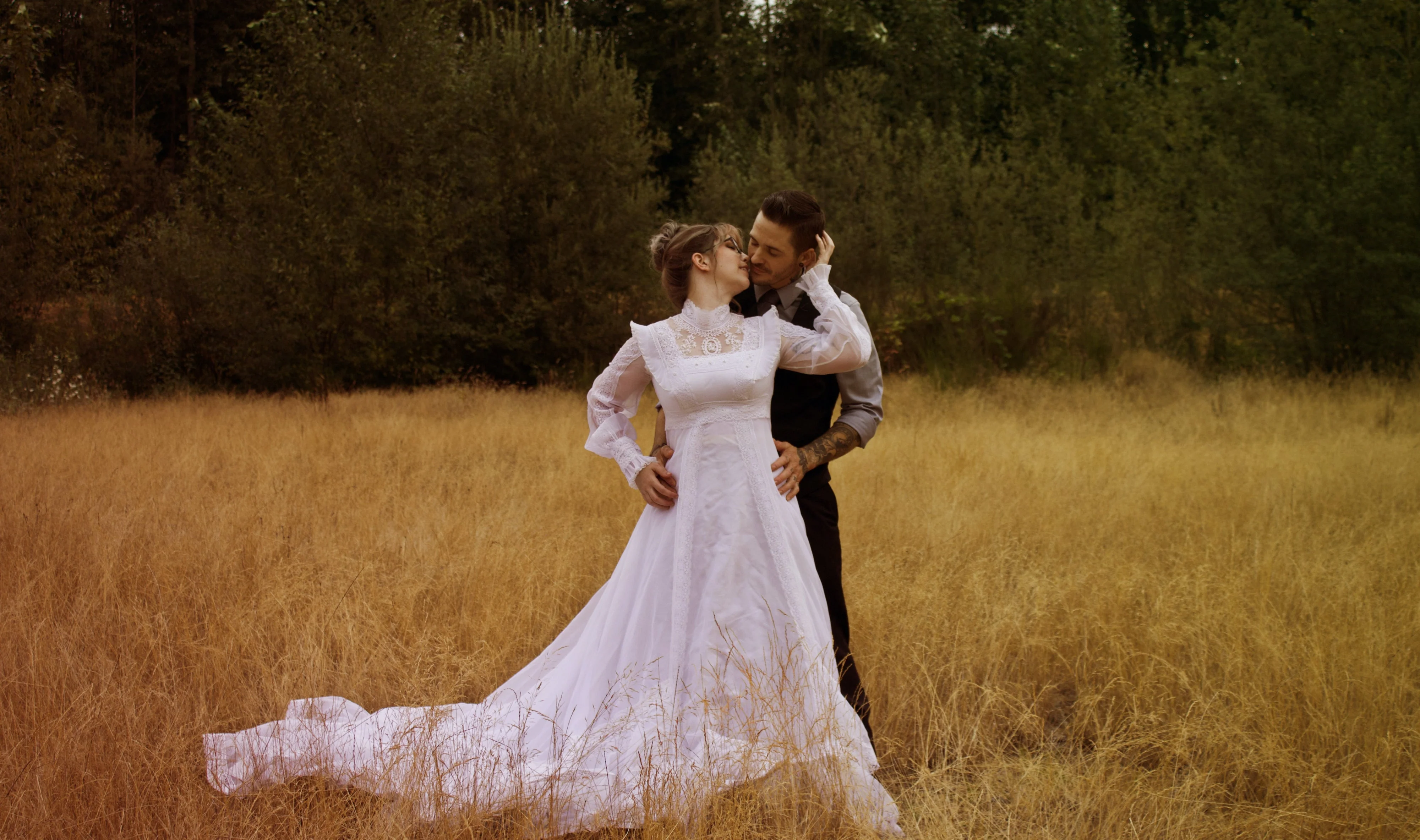70s Victorian Inspired Bright White Wedding Dress with High Collar Empire Waist, Pleated Shoulder Accents, Detailed Lace, Long Sleeves, and Hand Sewn Beads - Image 2