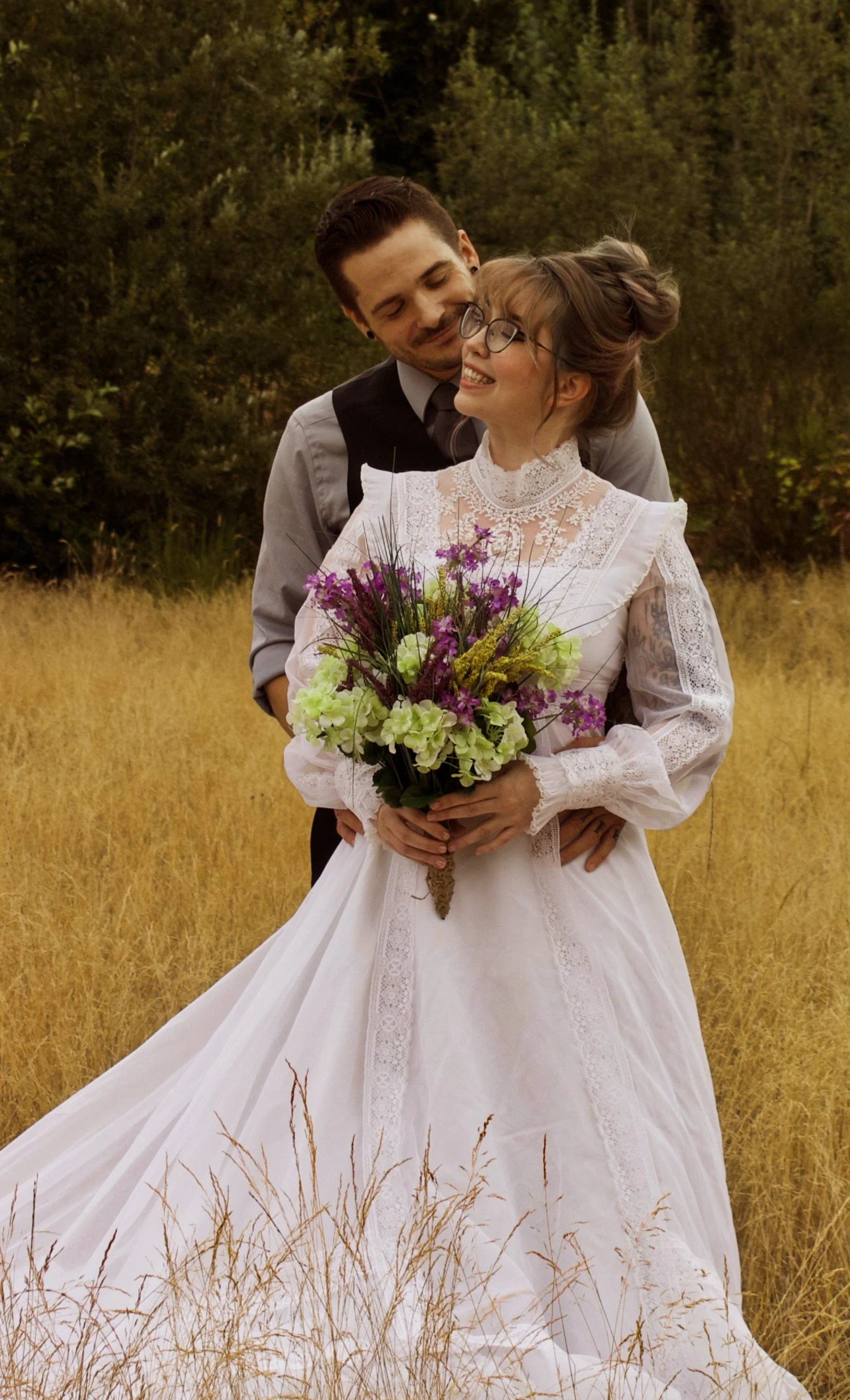 70s Victorian Inspired Bright White Wedding Dress with High Collar Empire Waist, Pleated Shoulder Accents, Detailed Lace, Long Sleeves, and Hand Sewn Beads - Image 3