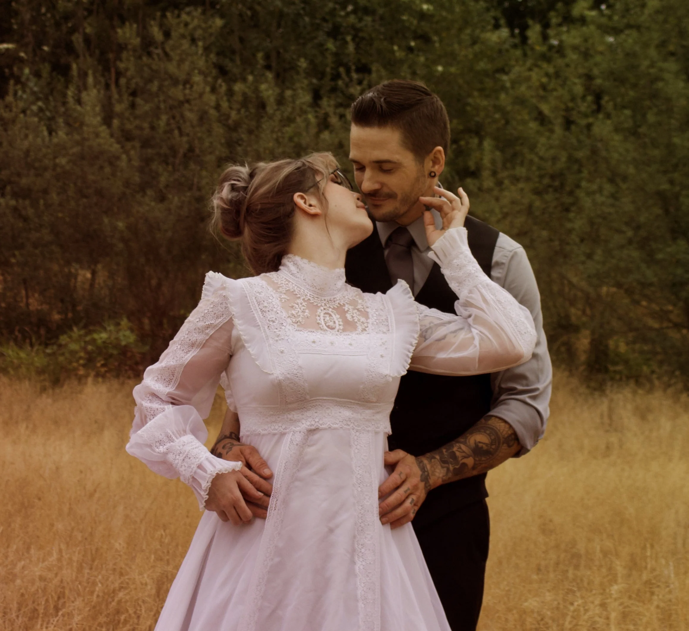 70s Victorian Inspired Bright White Wedding Dress with High Collar Empire Waist, Pleated Shoulder Accents, Detailed Lace, Long Sleeves, and Hand Sewn Beads - Image 5