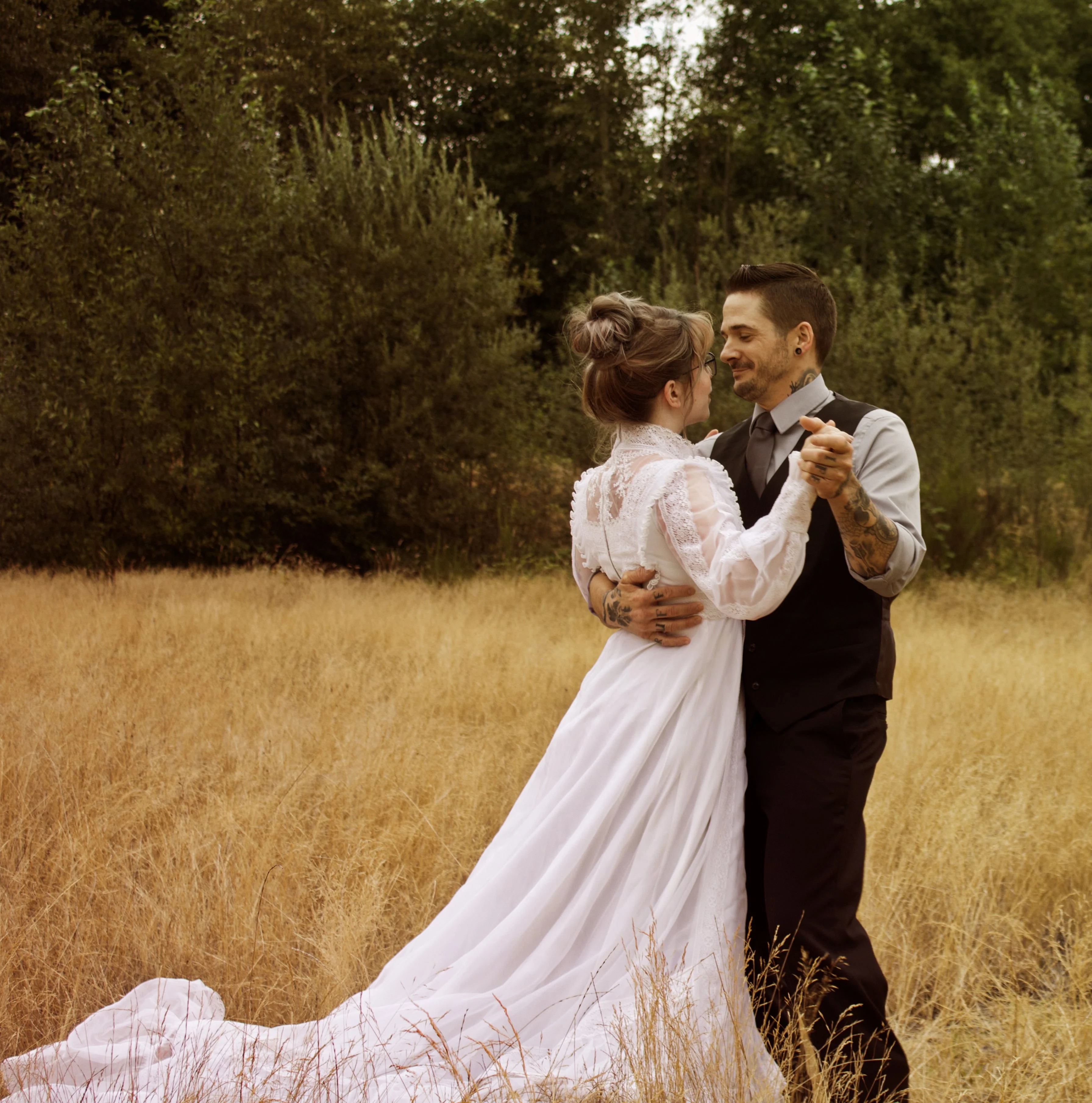 70s Victorian Inspired Bright White Wedding Dress with High Collar Empire Waist, Pleated Shoulder Accents, Detailed Lace, Long Sleeves, and Hand Sewn Beads - Image 7