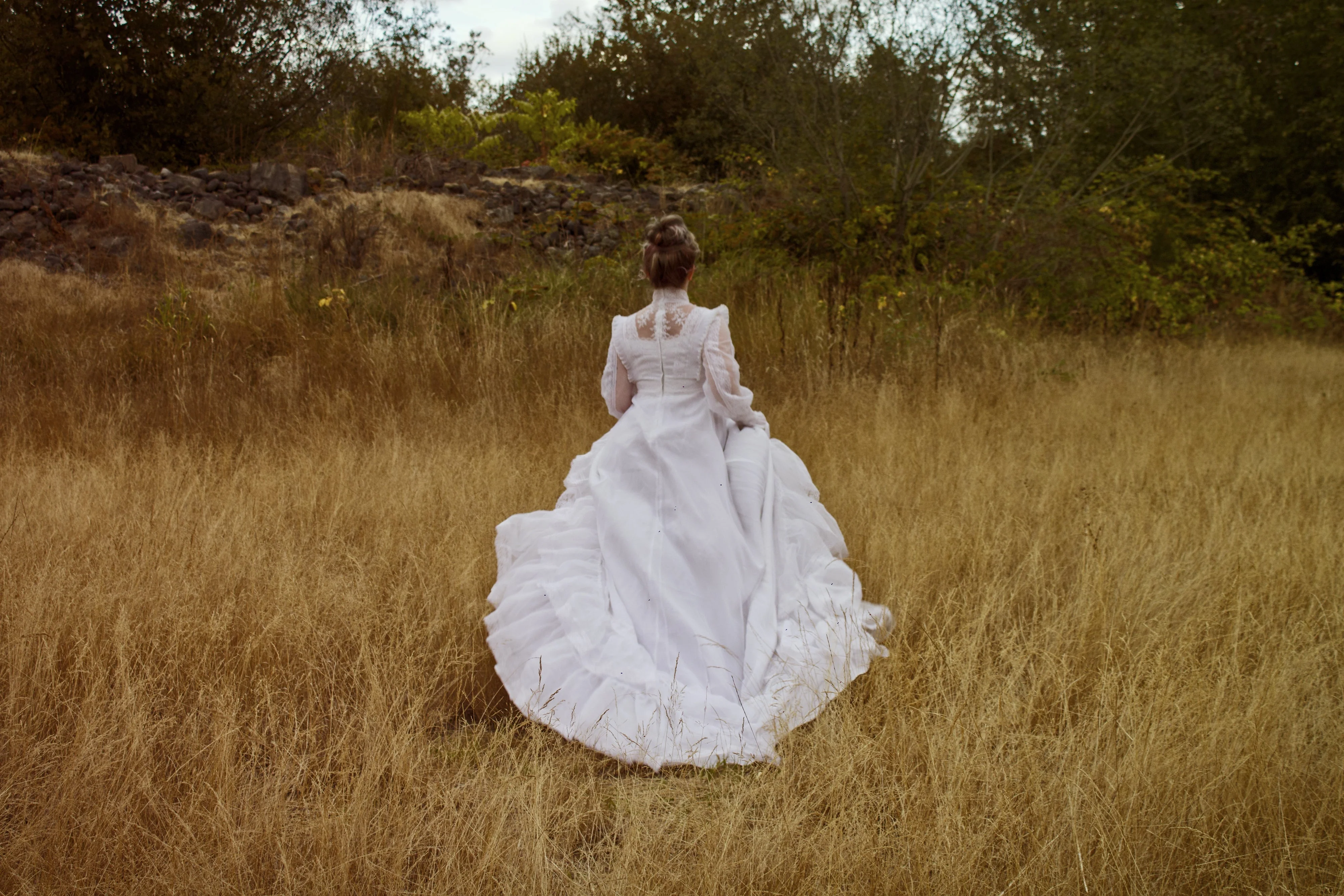 70s Victorian Inspired Bright White Wedding Dress with High Collar Empire Waist, Pleated Shoulder Accents, Detailed Lace, Long Sleeves, and Hand Sewn Beads - Image 9