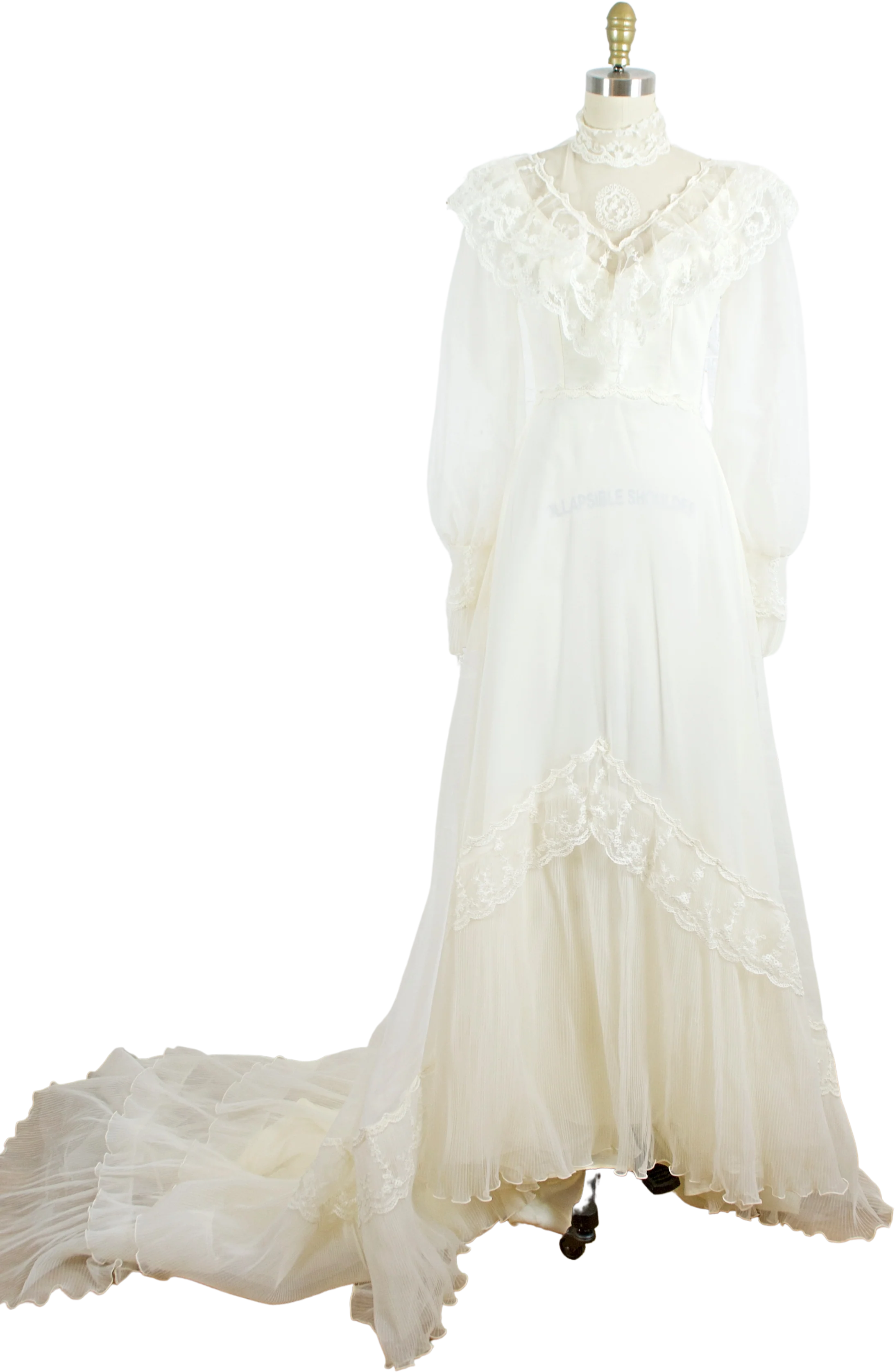 70s Victorian Style Lace Wedding Dress With High Neck