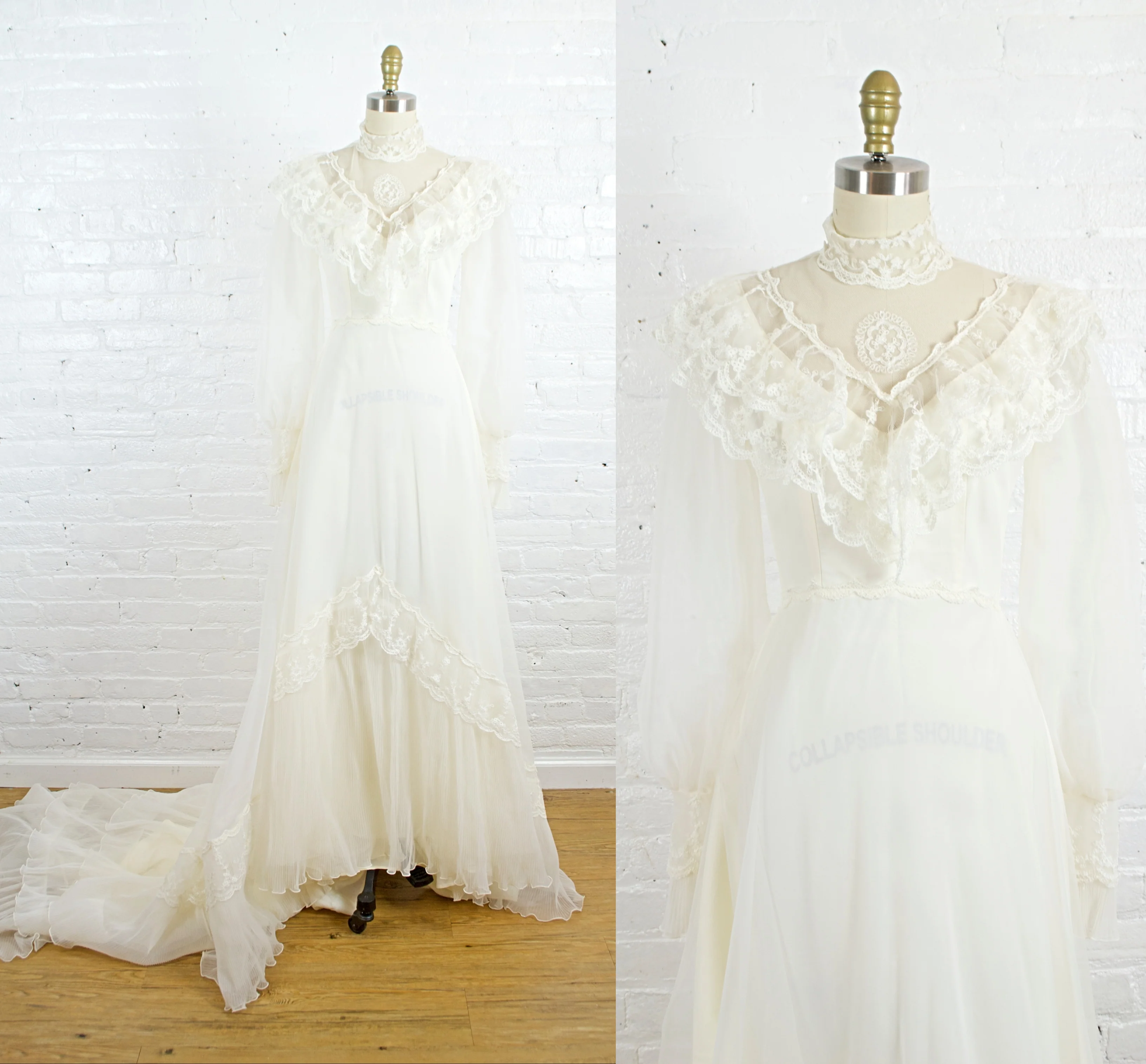 70s Victorian Style Lace Wedding Dress With High Neck - Image 2
