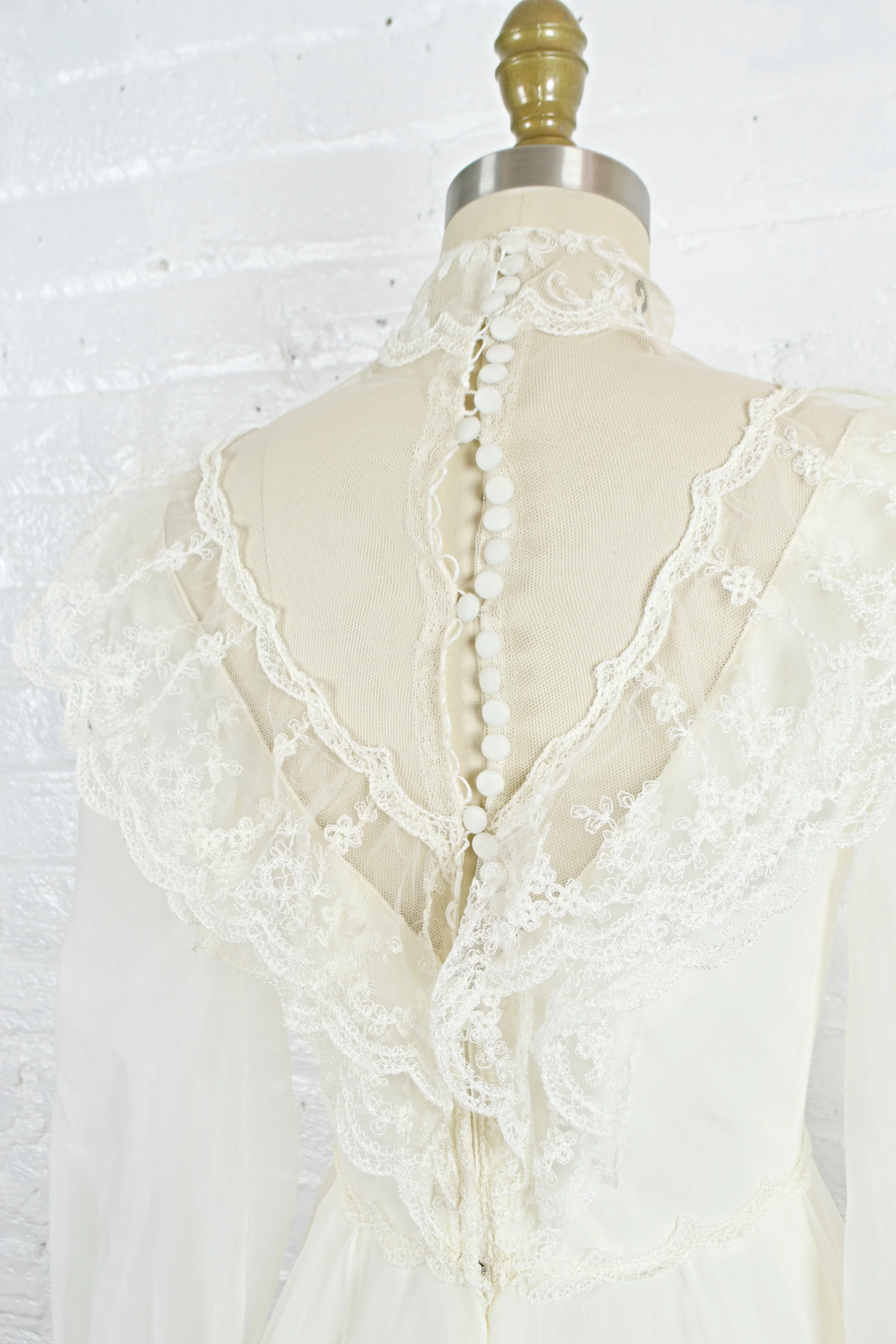 70s Victorian Style Lace Wedding Dress With High Neck - Image 6
