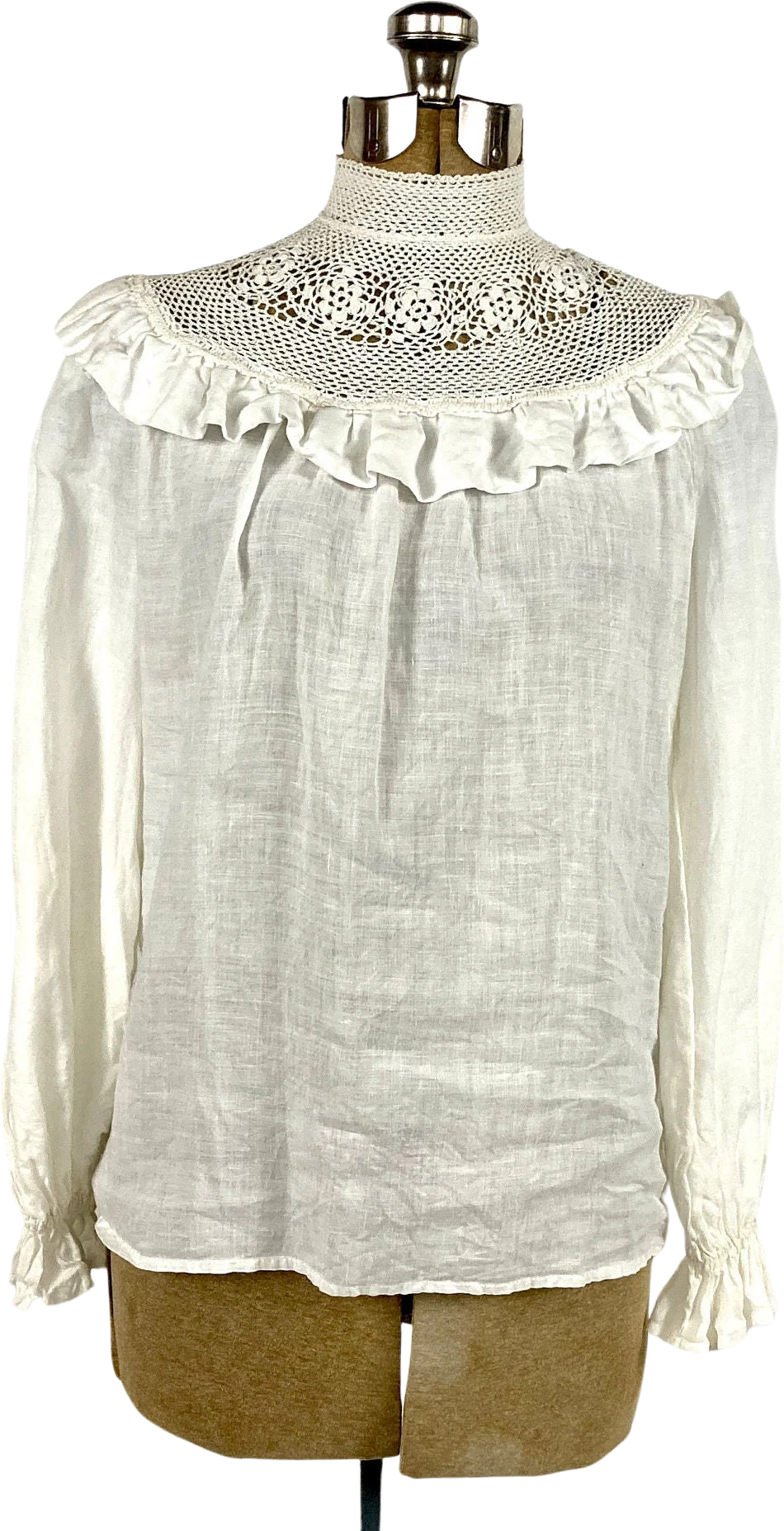 70s Victorian White Crochet Romantic Blouse Ruffle Yoke Sheer Gauze Top High Neck Sheer Cotton Lace Vintage Dress Shirt