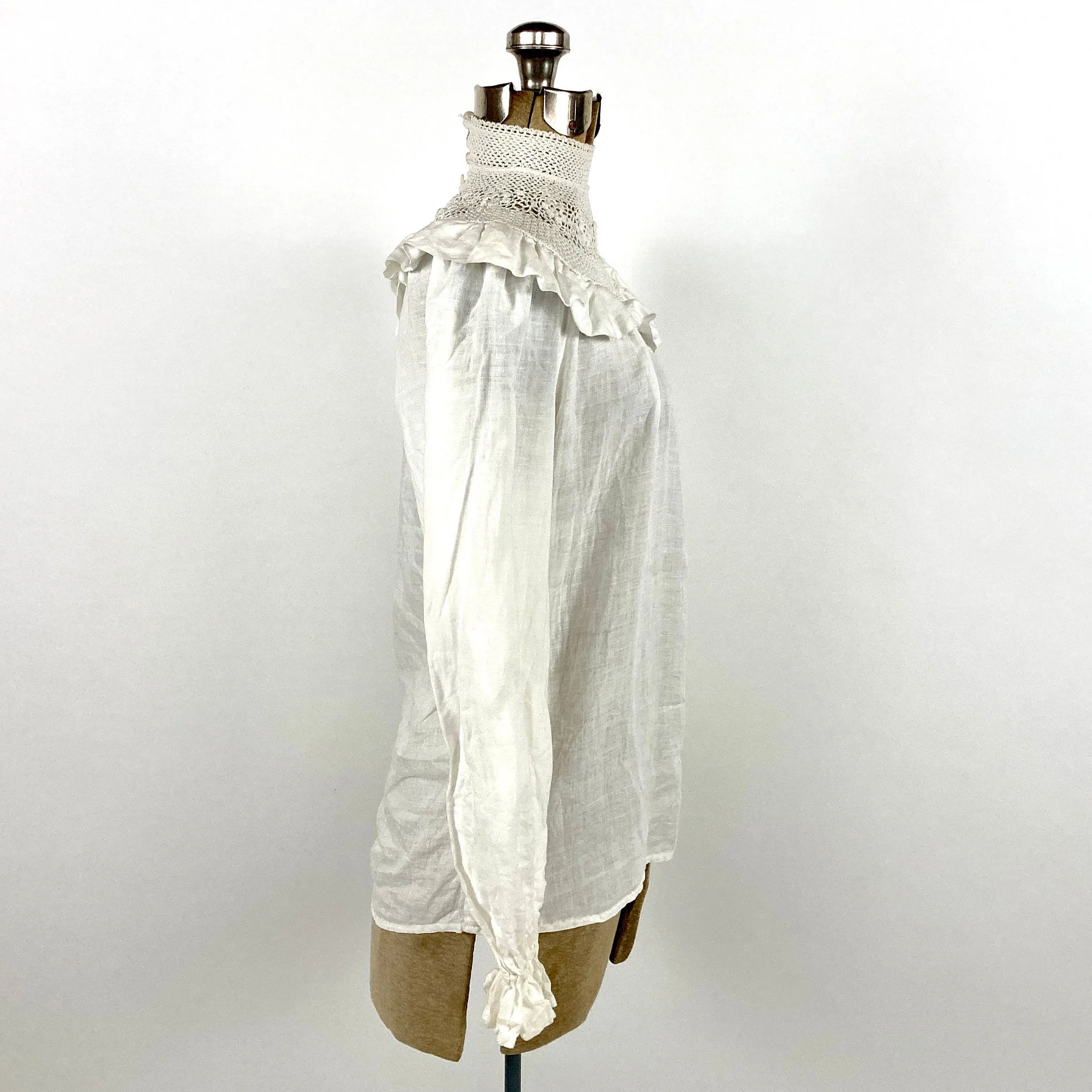 70s Victorian White Crochet Romantic Blouse Ruffle Yoke Sheer Gauze Top High Neck Sheer Cotton Lace Vintage Dress Shirt - Image 2
