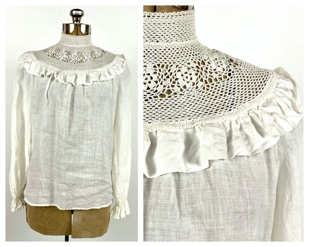 70s Victorian White Crochet Romantic Blouse Ruffle Yoke Sheer Gauze Top High Neck Sheer Cotton Lace Vintage Dress Shirt - Image 3
