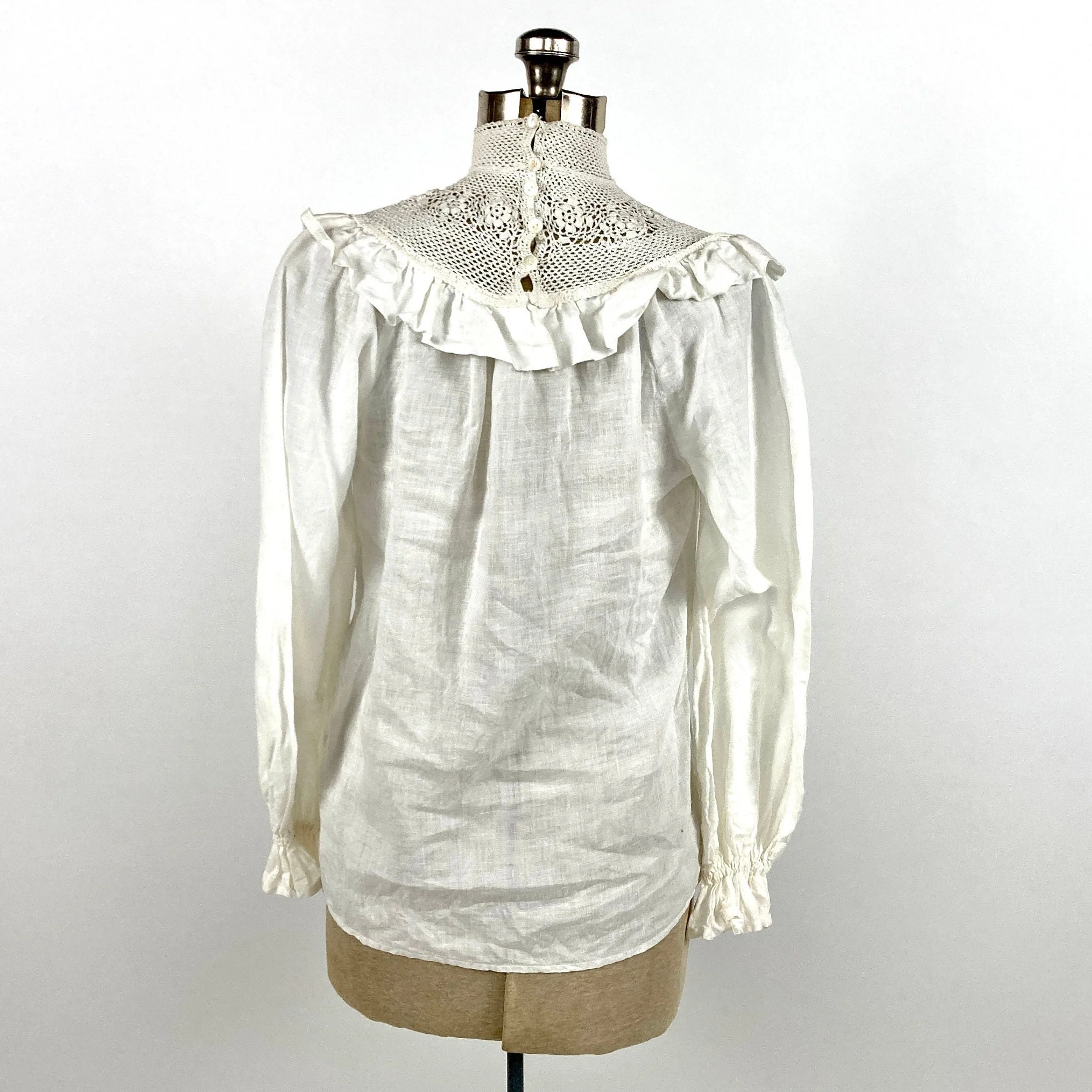 70s Victorian White Crochet Romantic Blouse Ruffle Yoke Sheer Gauze Top High Neck Sheer Cotton Lace Vintage Dress Shirt - Image 4