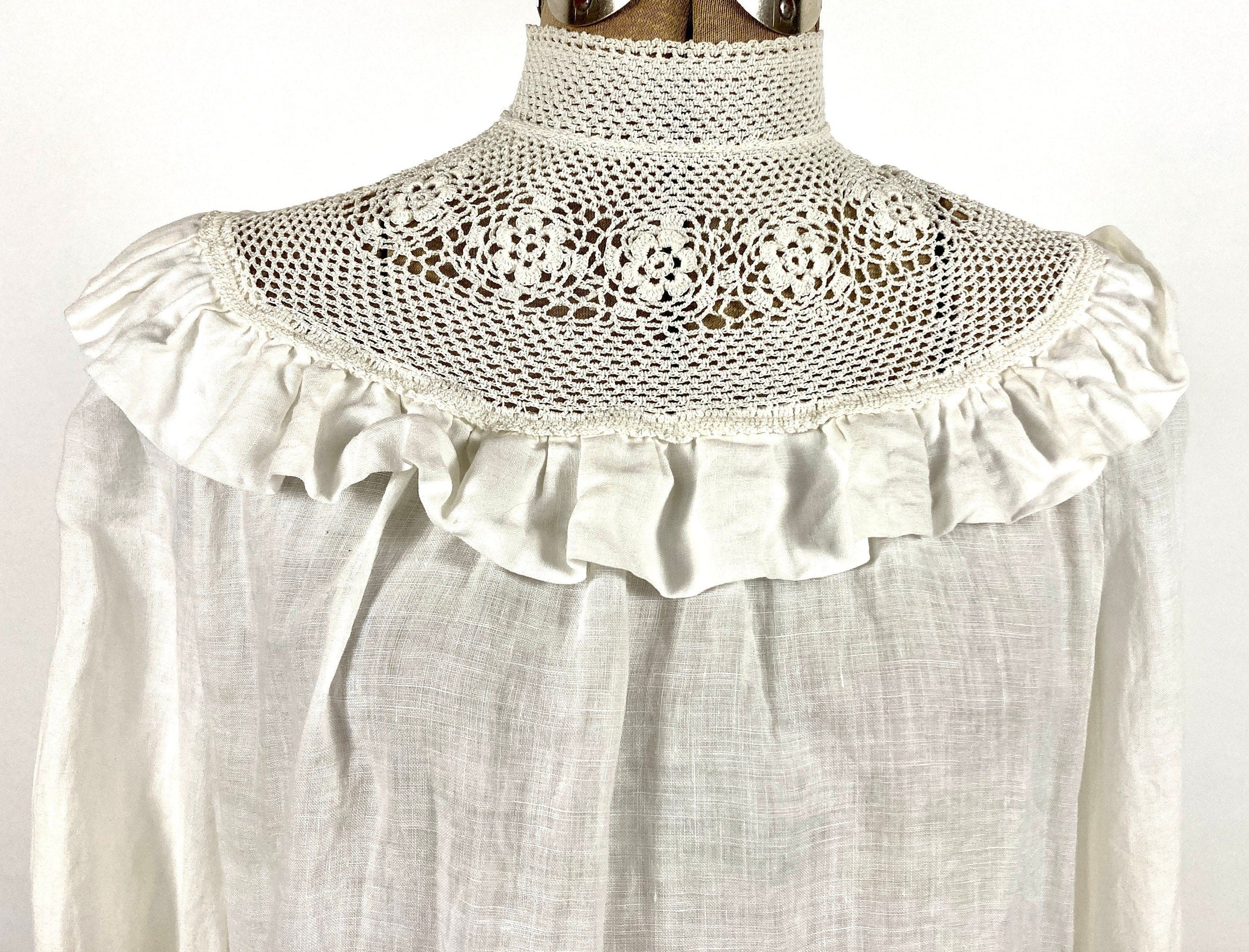 70s Victorian White Crochet Romantic Blouse Ruffle Yoke Sheer Gauze Top High Neck Sheer Cotton Lace Vintage Dress Shirt - Image 5