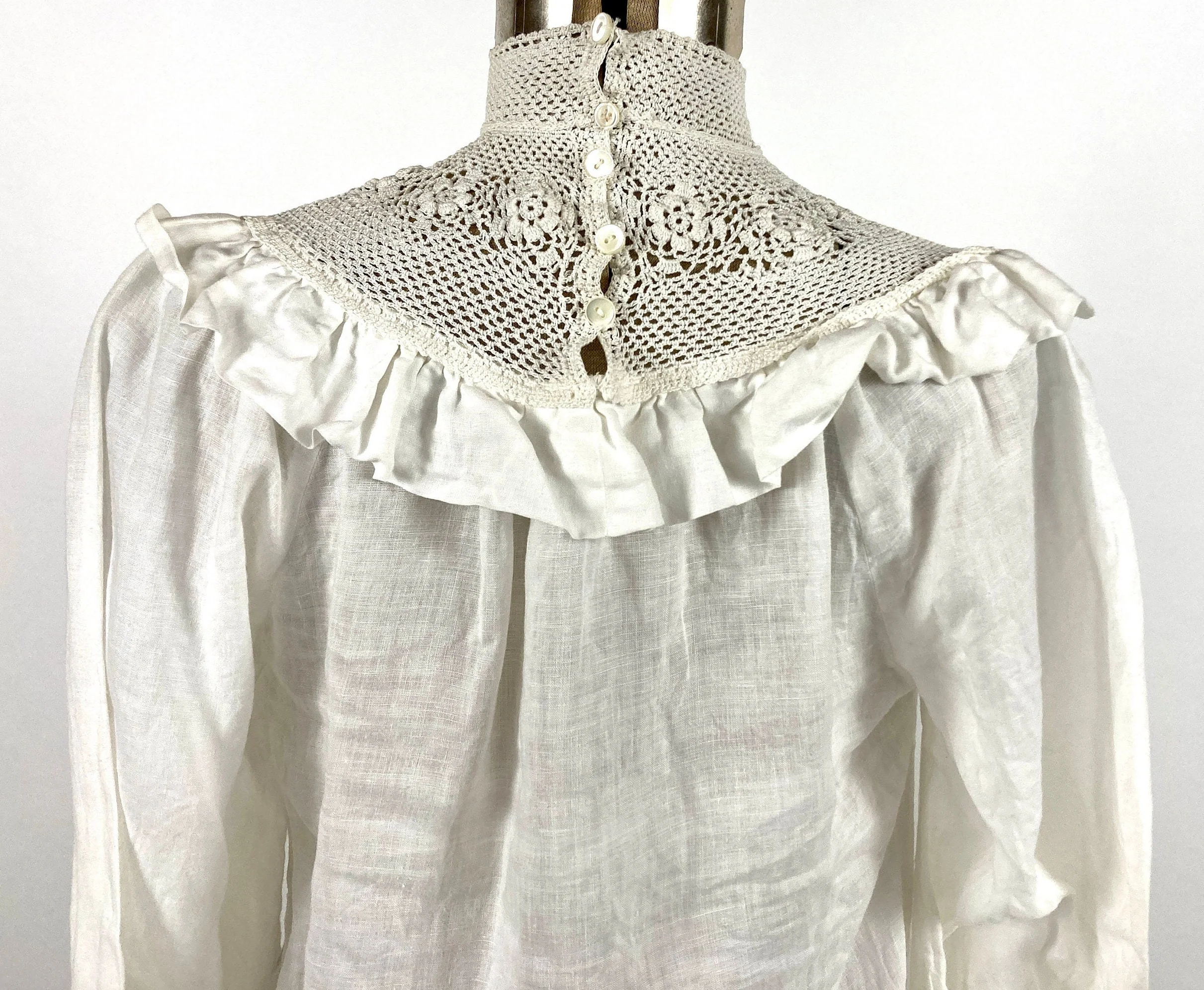 70s Victorian White Crochet Romantic Blouse Ruffle Yoke Sheer Gauze Top High Neck Sheer Cotton Lace Vintage Dress Shirt - Image 6