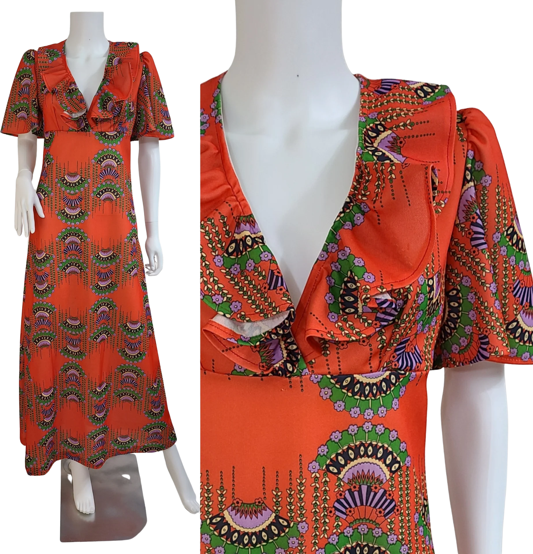 70s Vintage Orange Vertical Fan Novelty Print Dress