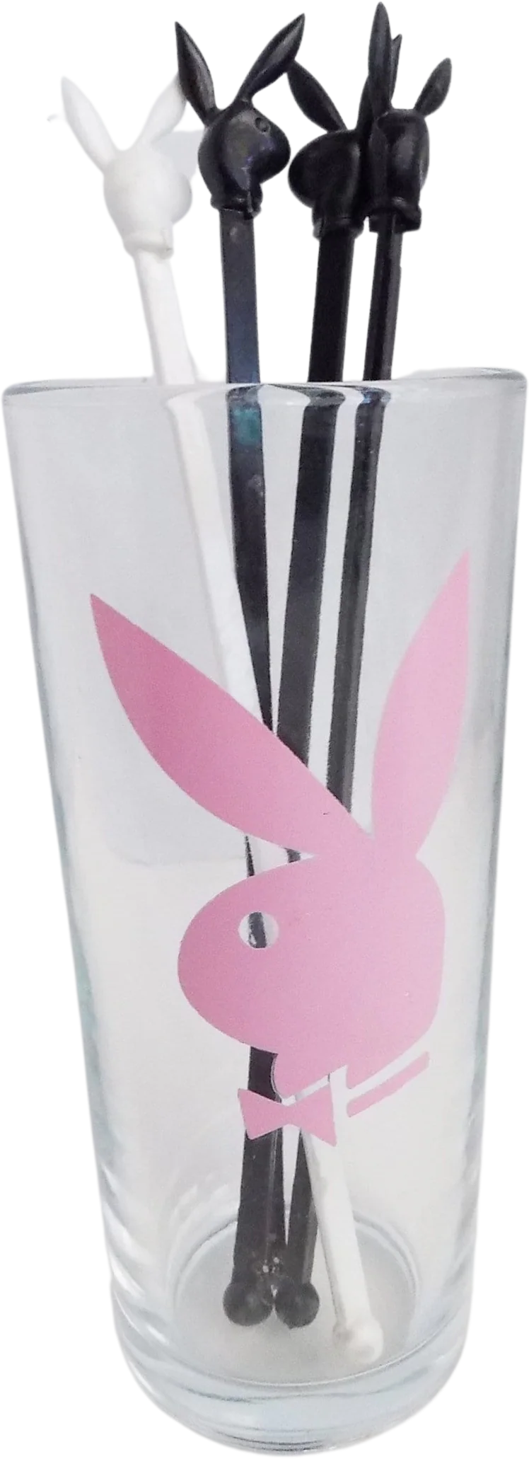 70s Vintage 1979 Playboy Club Bunny Rabbit Highball Cocktail Glass Tumbler with Pink Bunny Swizzle Sticks Included