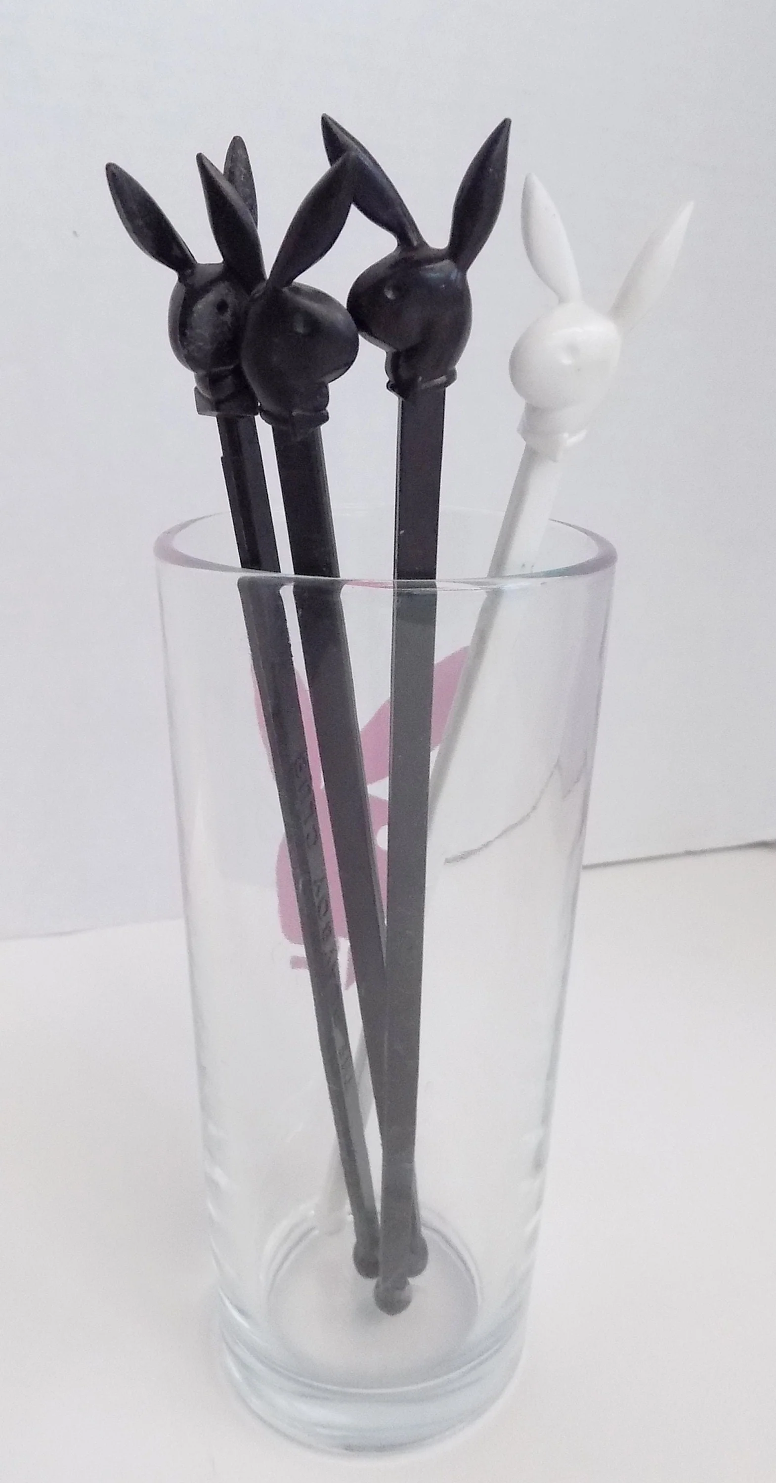 70s Vintage 1979 Playboy Club Bunny Rabbit Highball Cocktail Glass Tumbler with Pink Bunny Swizzle Sticks Included - Image 3