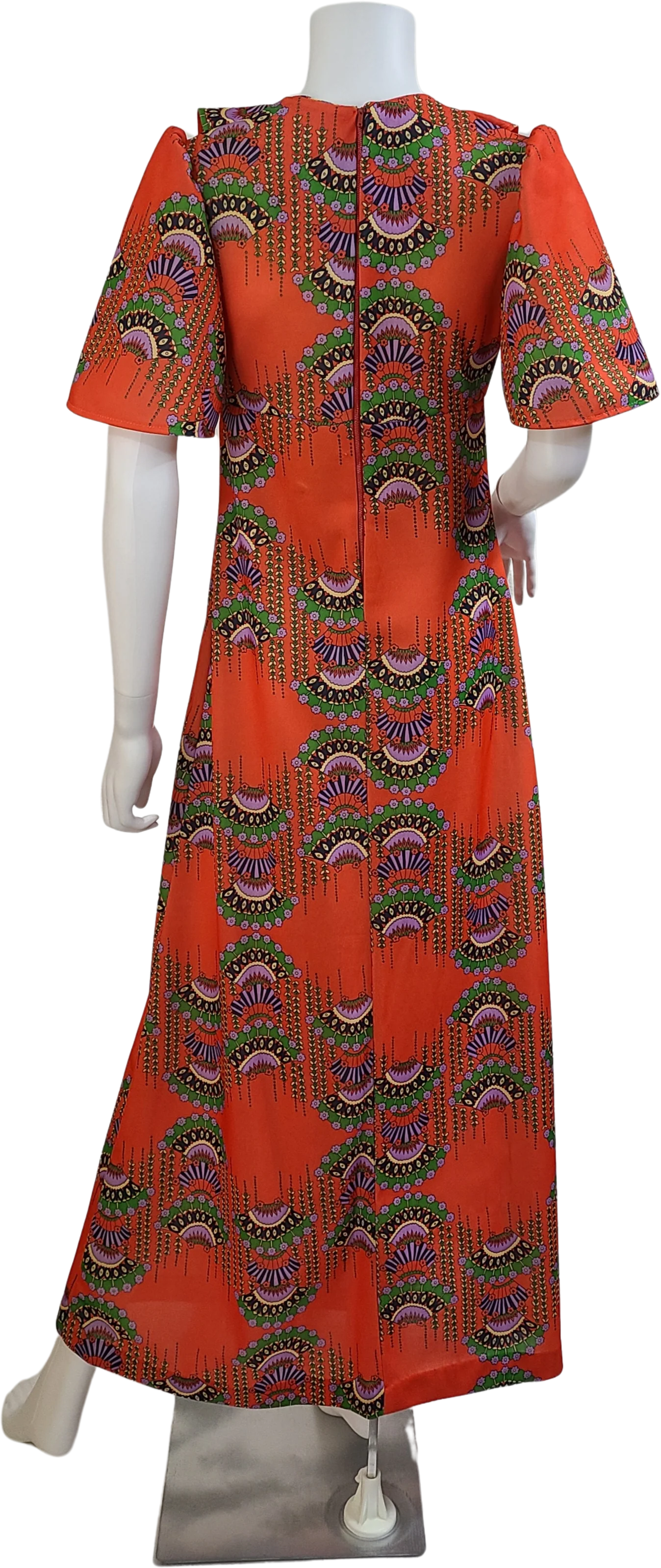 70s Vintage Orange Vertical Fan Novelty Print Dress - Image 2