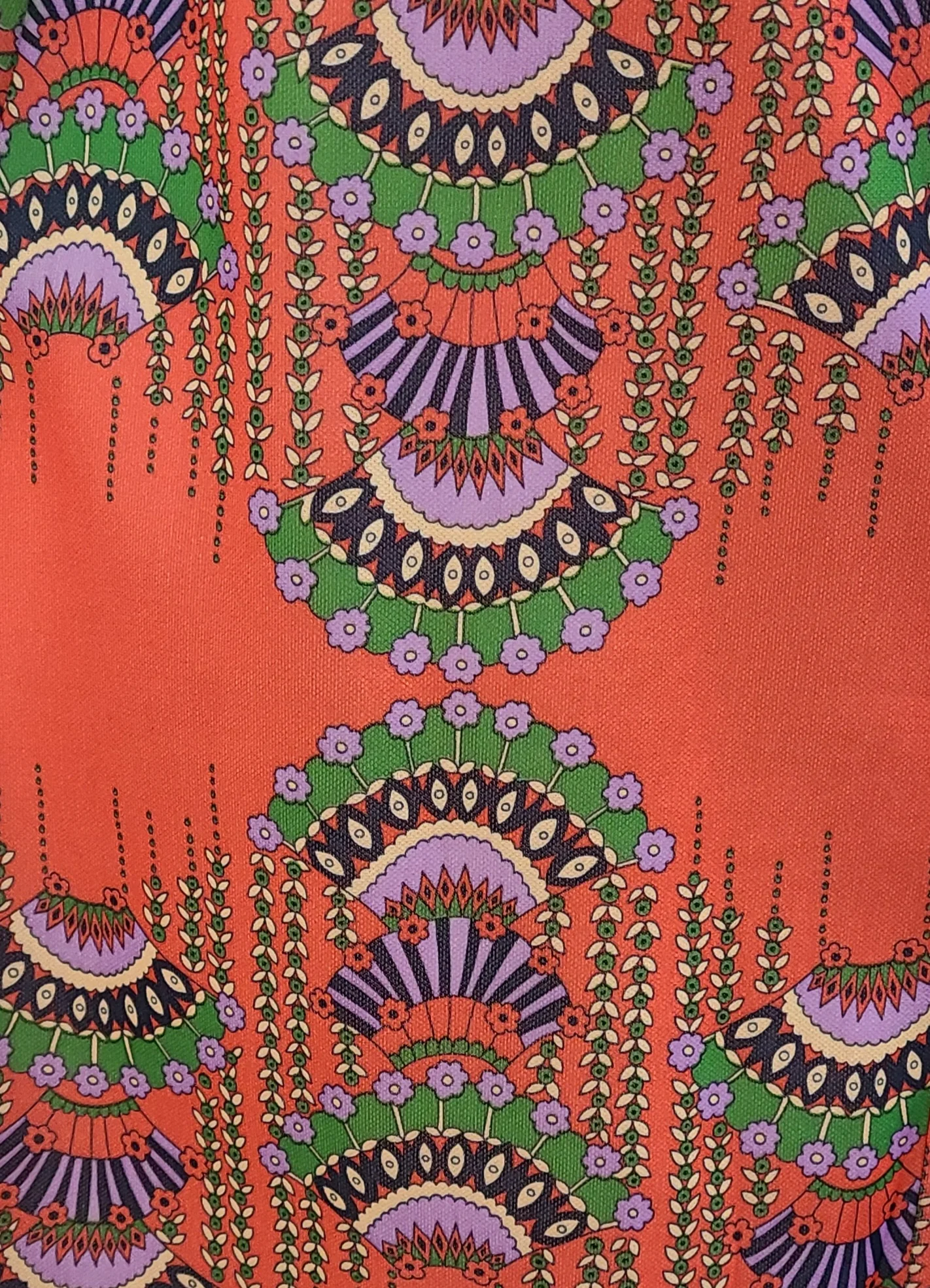 70s Vintage Orange Vertical Fan Novelty Print Dress - Image 3
