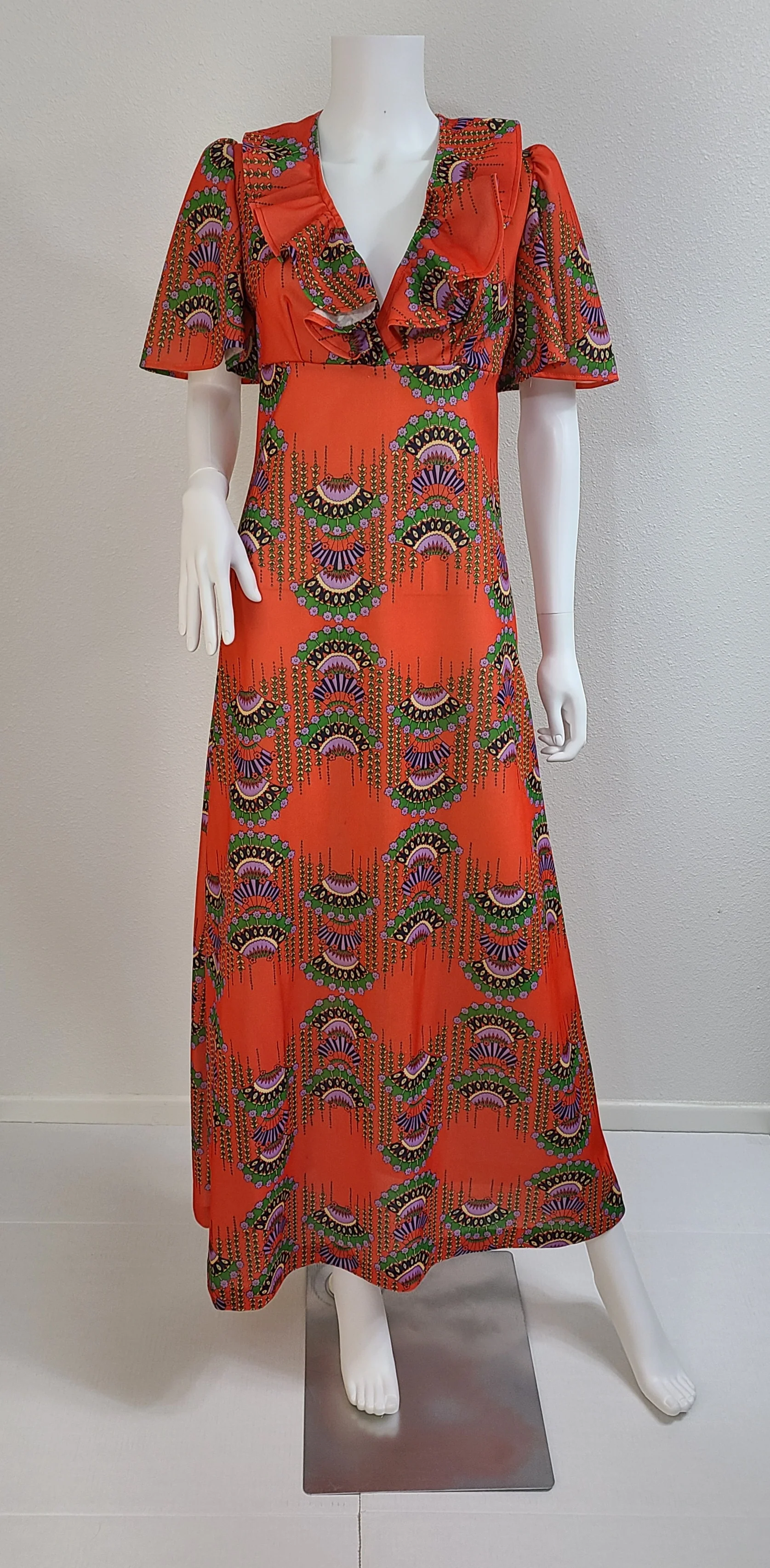 70s Vintage Orange Vertical Fan Novelty Print Dress - Image 4