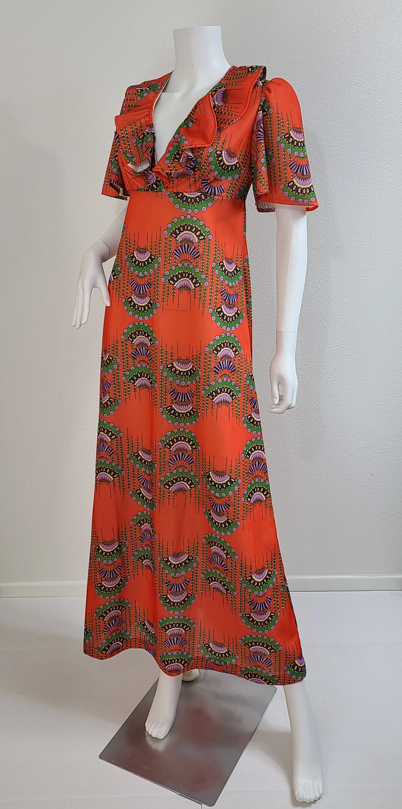 70s Vintage Orange Vertical Fan Novelty Print Dress - Image 6