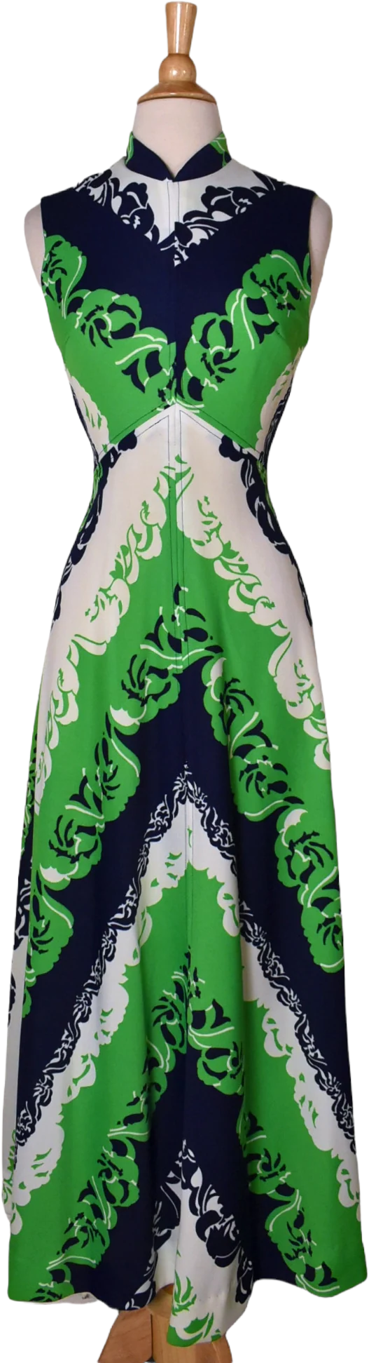 70s Vintage Apple Green Navy Swirl Chevron Maxi Dress