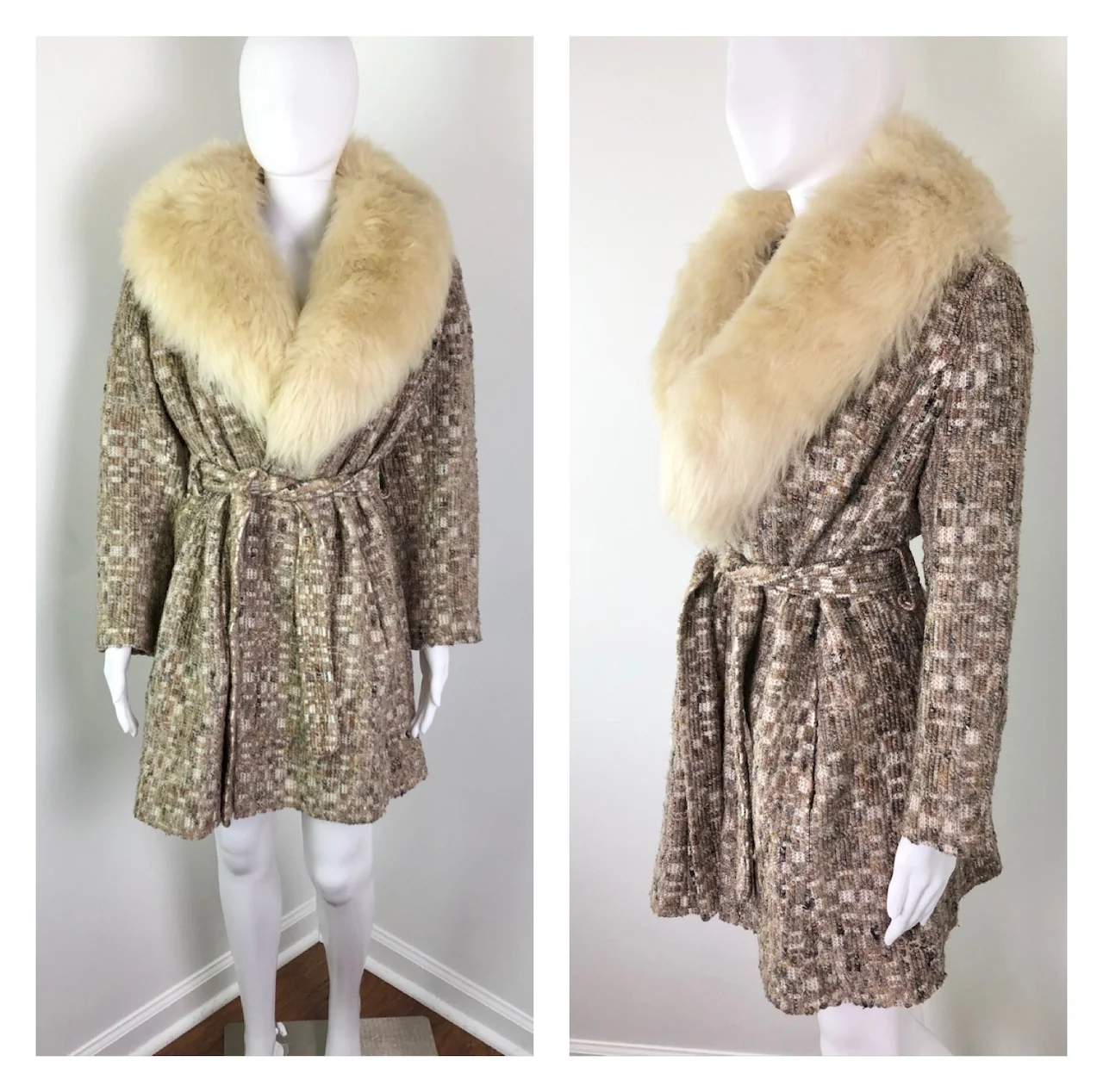 70s Vintage Belted Tapestry Coat With Faux Fur Collar By Union Made - Image 3