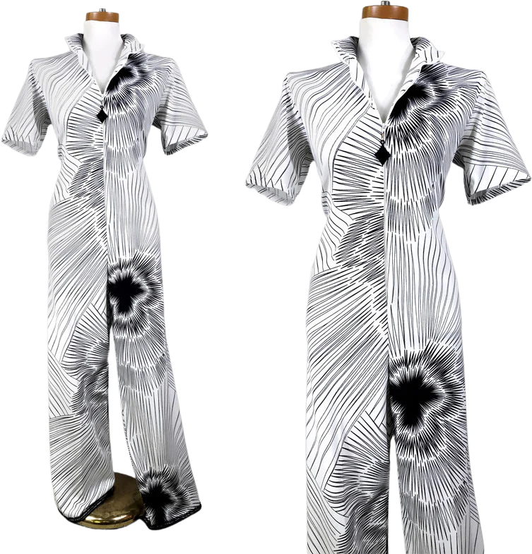 70s Vintage Black And White Op-art Zip Front Jumpsuit