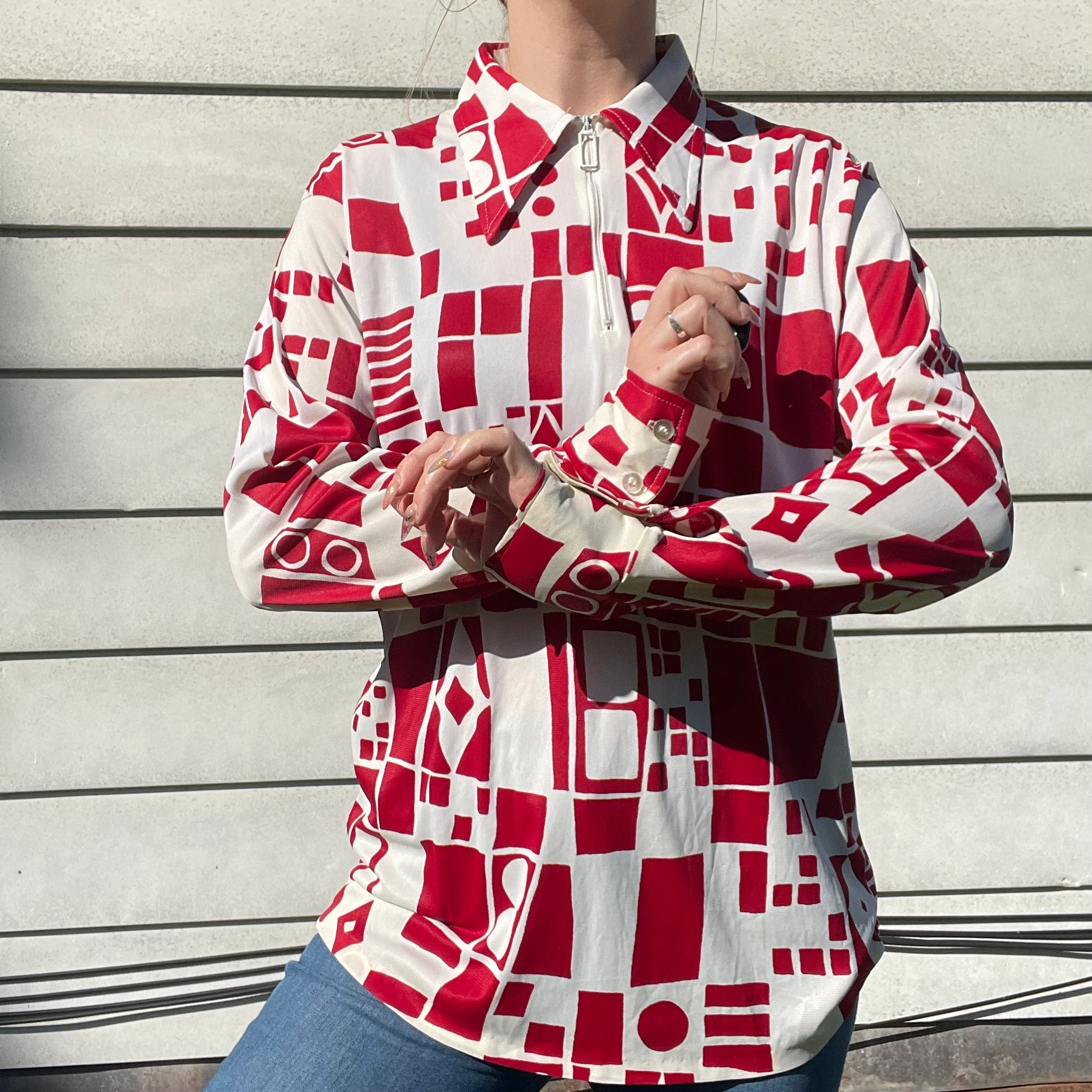 70s Vintage Collared Geometric Print Zip Up Shirt By Barclay - Image 10