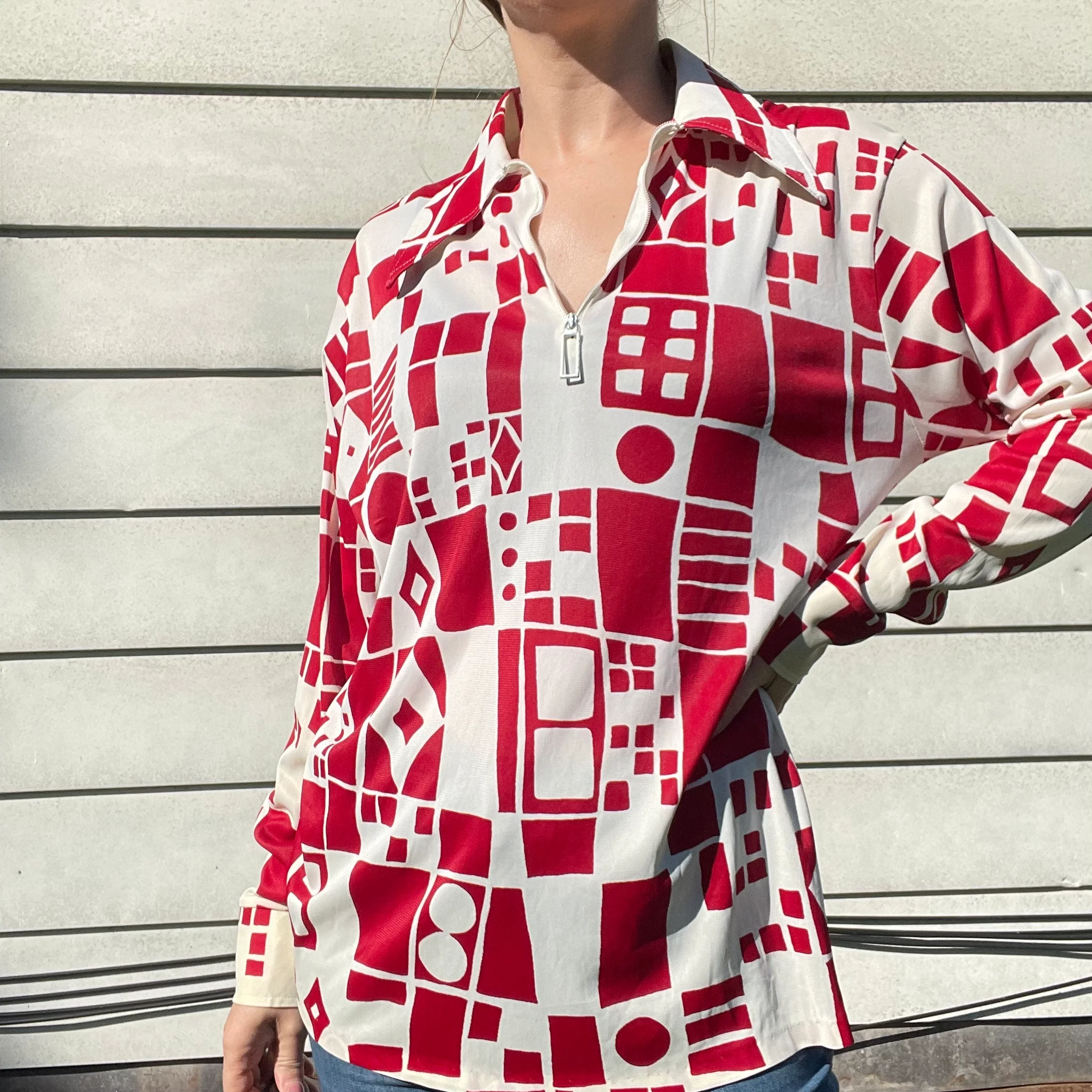 70s Vintage Collared Geometric Print Zip Up Shirt By Barclay - Image 4