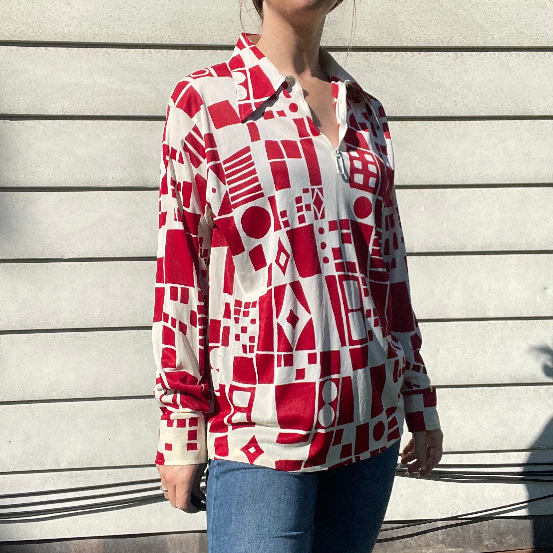 70s Vintage Collared Geometric Print Zip Up Shirt By Barclay - Image 5