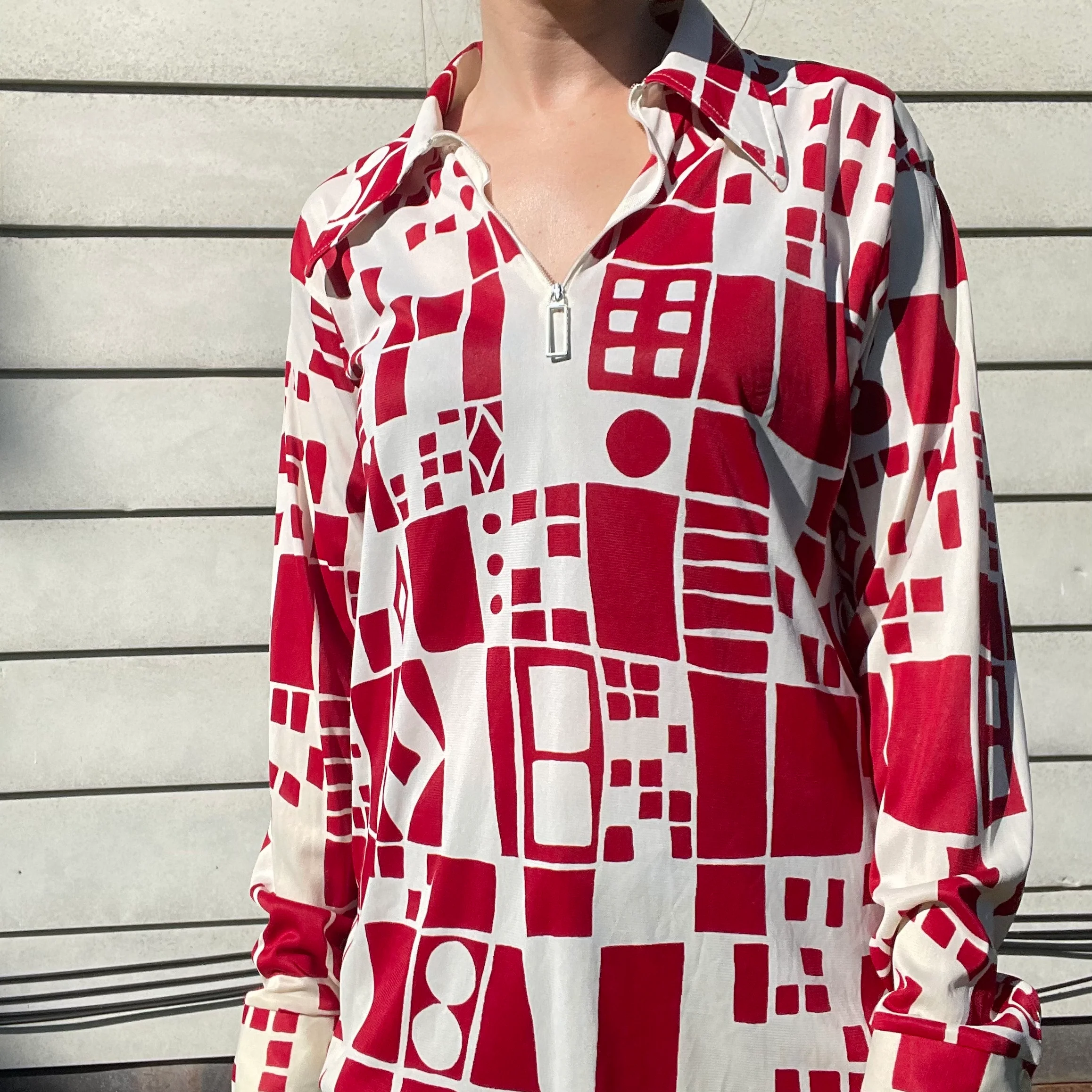 70s Vintage Collared Geometric Print Zip Up Shirt By Barclay - Image 7