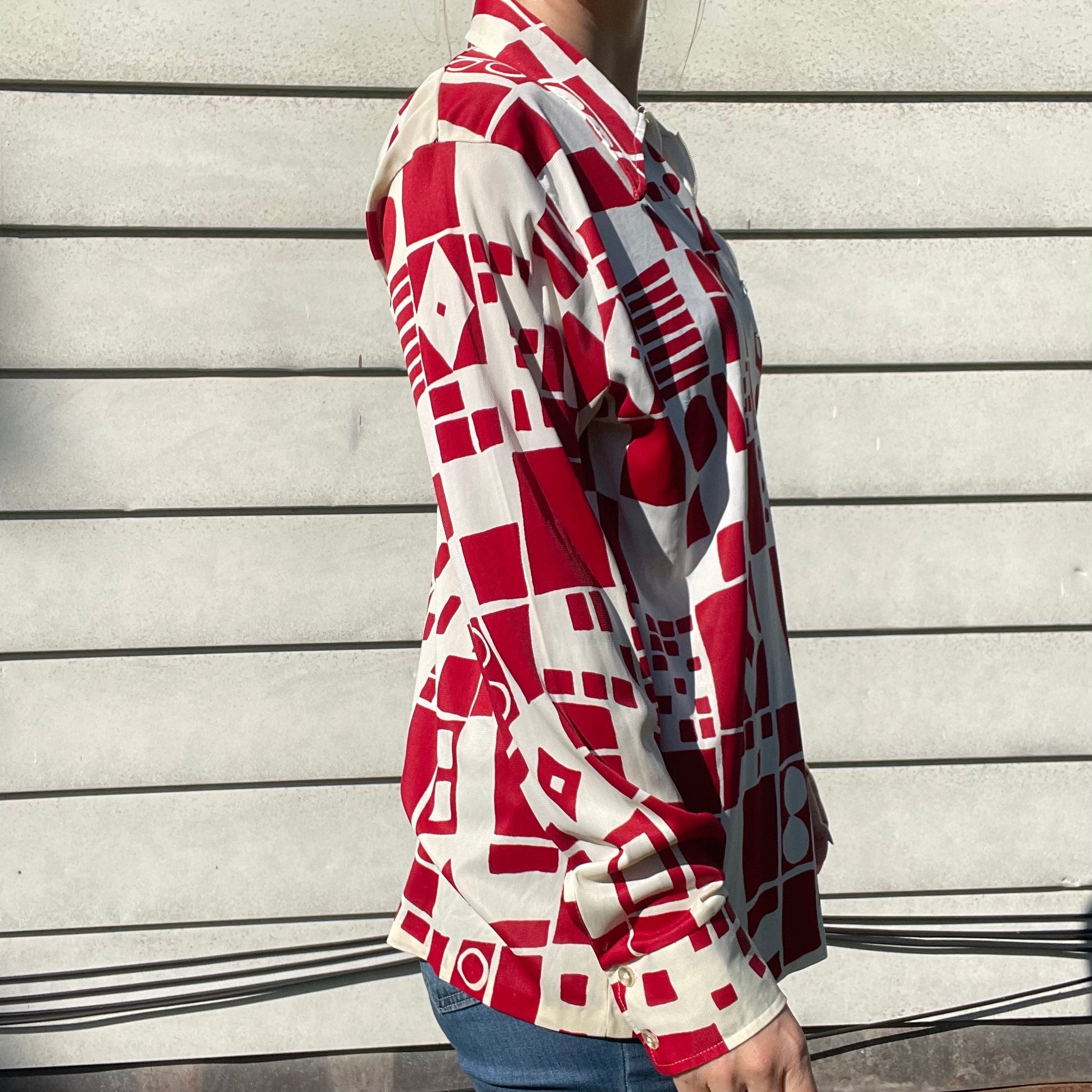 70s Vintage Collared Geometric Print Zip Up Shirt By Barclay - Image 9