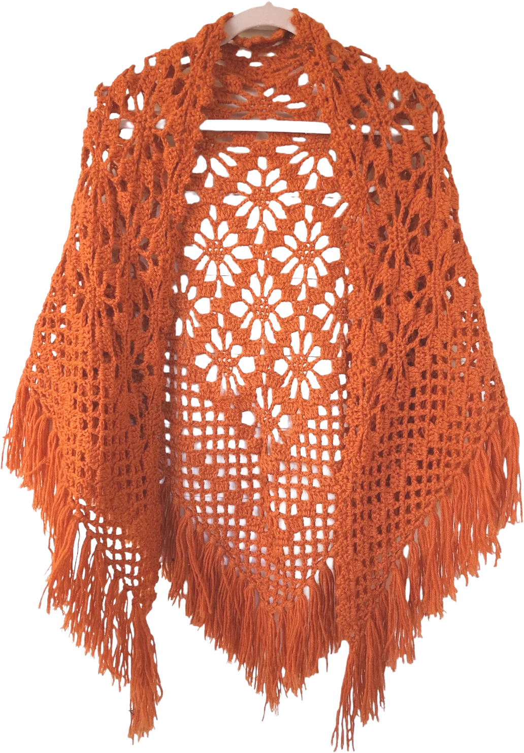 70s Vintage Crocheted Orange Fringe Shawl