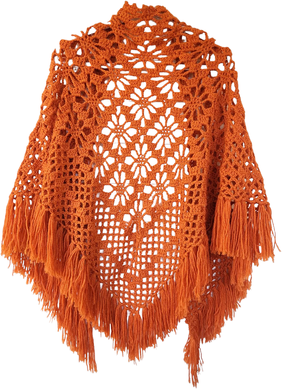 70s Vintage Crocheted Orange Fringe Shawl - Image 2