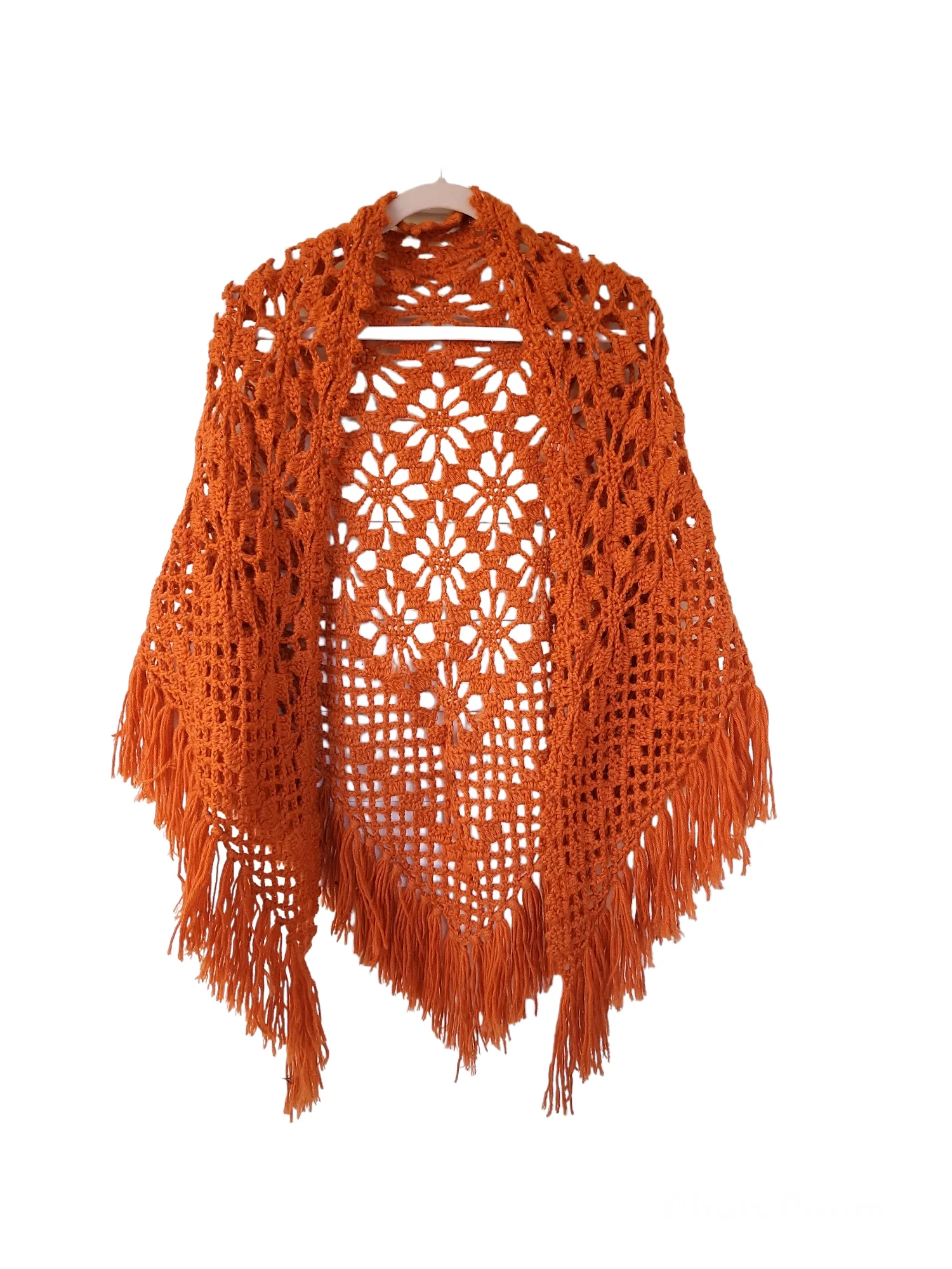 70s Vintage Crocheted Orange Fringe Shawl - Image 3