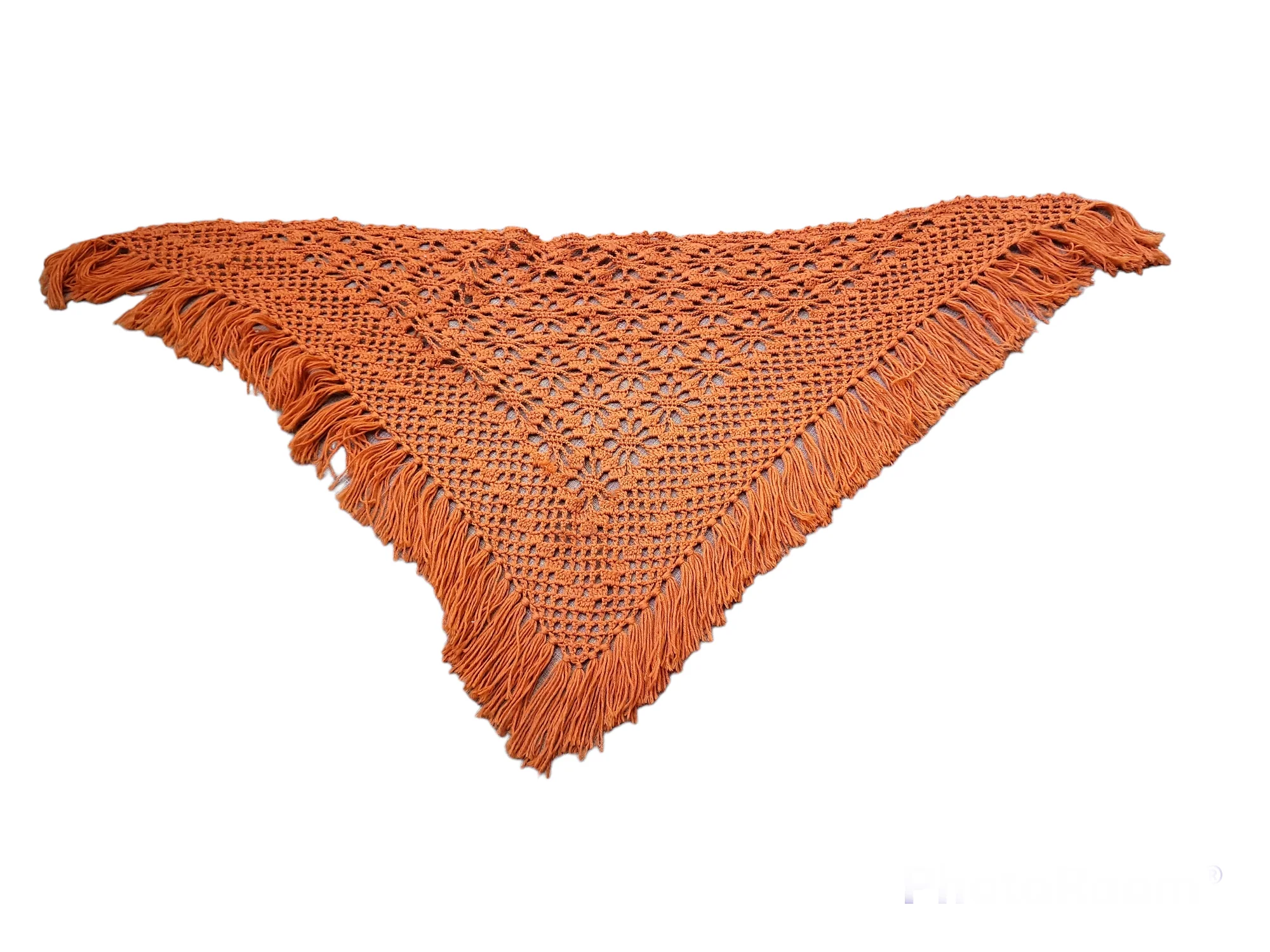 70s Vintage Crocheted Orange Fringe Shawl - Image 4